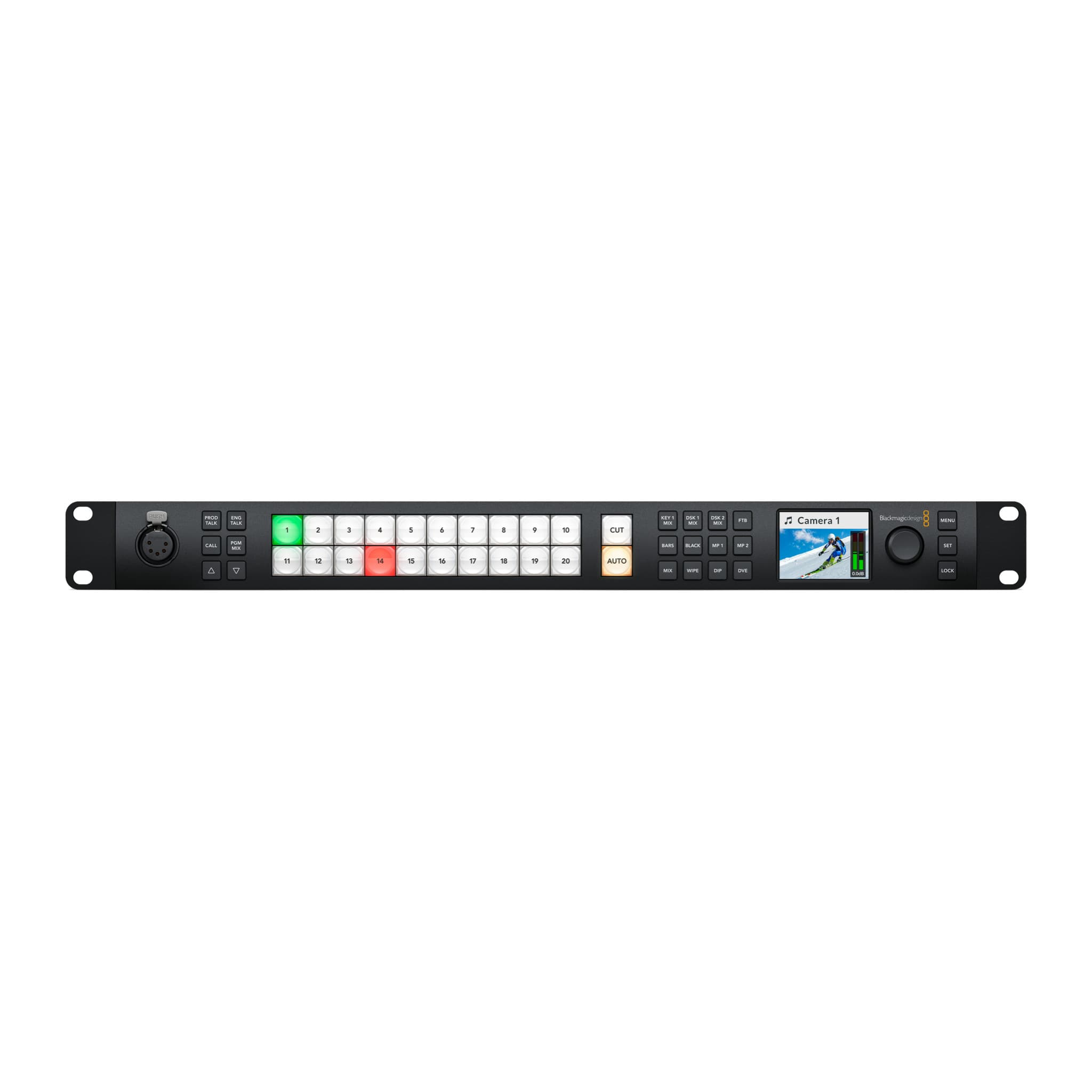 Front panel of the ATEM 2 M/E Constellation HD with source buttons, Cut/Auto and LCD
