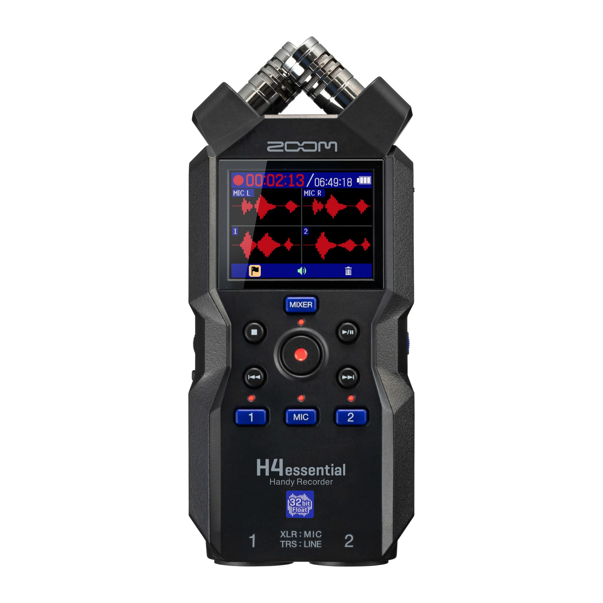 Zoom H4essential front view: colour screen, transport and track buttons, X/Y microphones