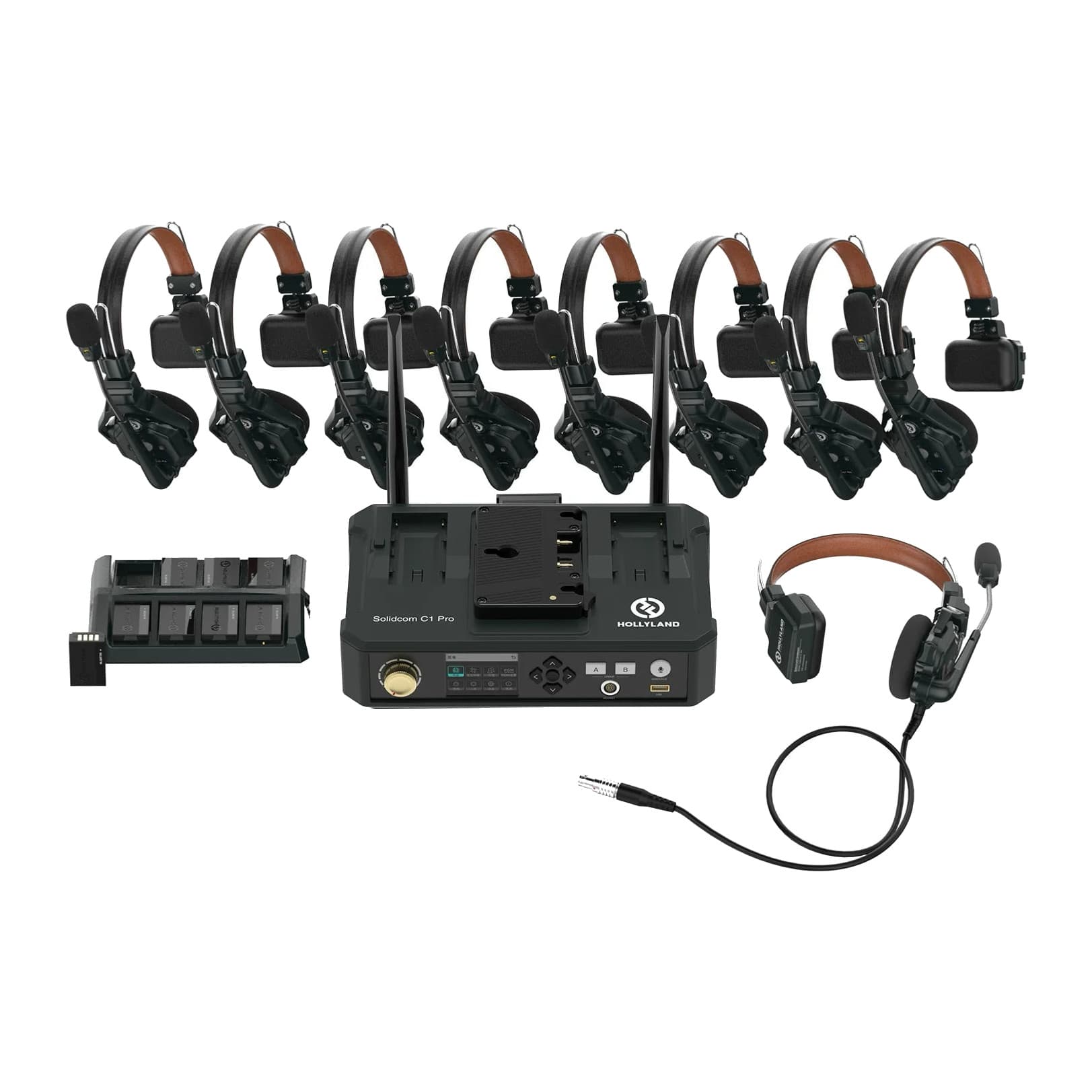 Solidcom C1 Pro Hub 8S kit: hub, eight wireless headsets, battery charger and wired headset