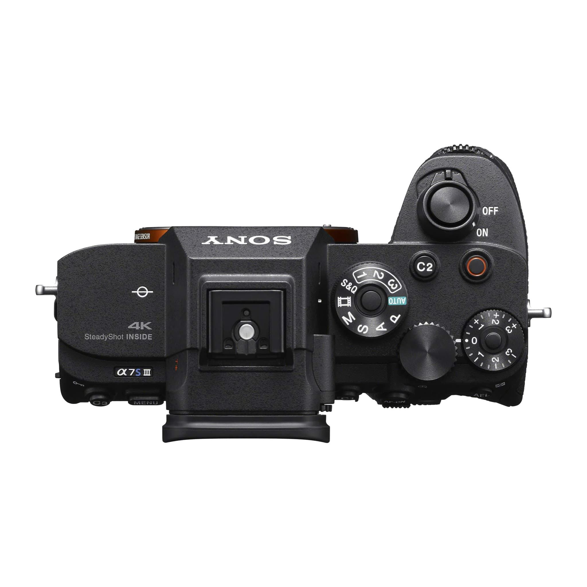 Sony A7S III top view: mode dial, exposure compensation dial, record button and hot shoe