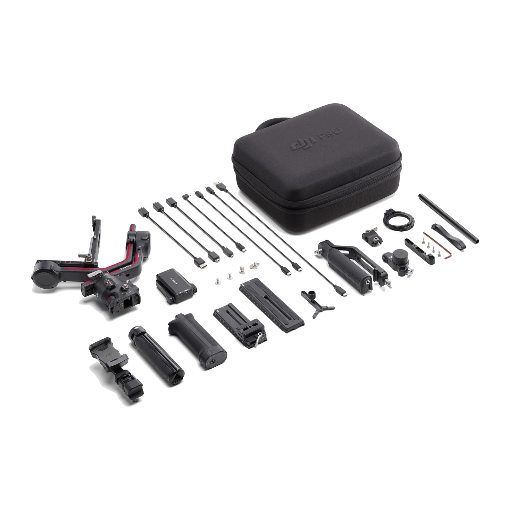 DJI RS 3 Pro Combo contents: gimbal, Briefcase Handle, grip, focus motor, image transmitter, cables, case