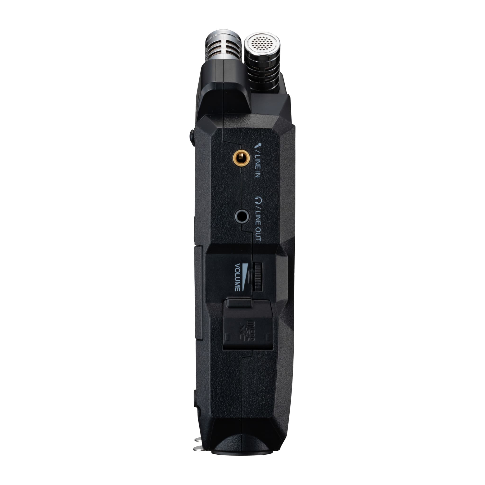 Zoom H4essential side view with 3.5 mm mic/line input, headphone/line output and volume wheel