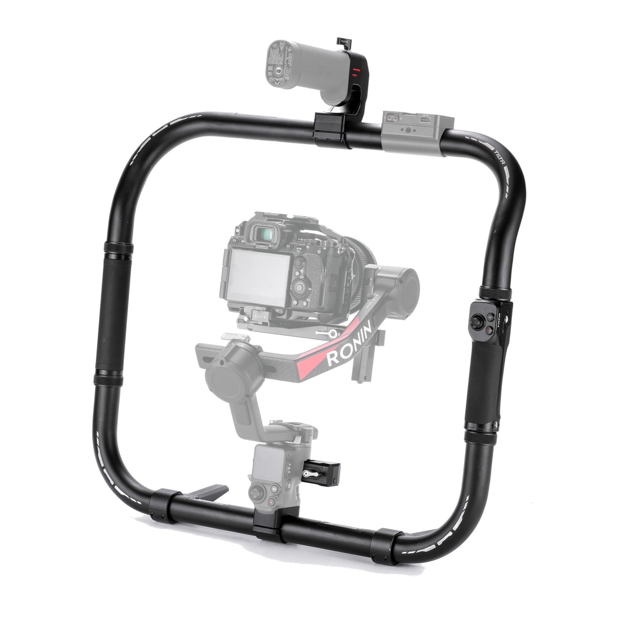 Tilta Basic Ring Grip Plus from the opposite side, with grips, top handle and gimbal shown ghosted