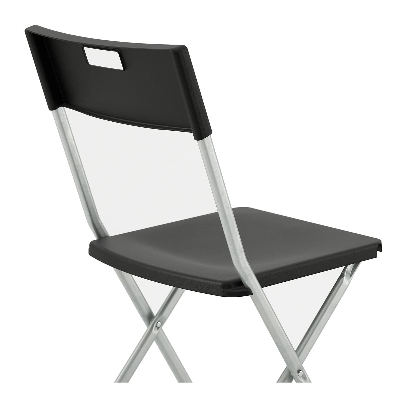 Close-up of the IKEA GUNDE chair's black seat, backrest with hand grip and steel folding frame
