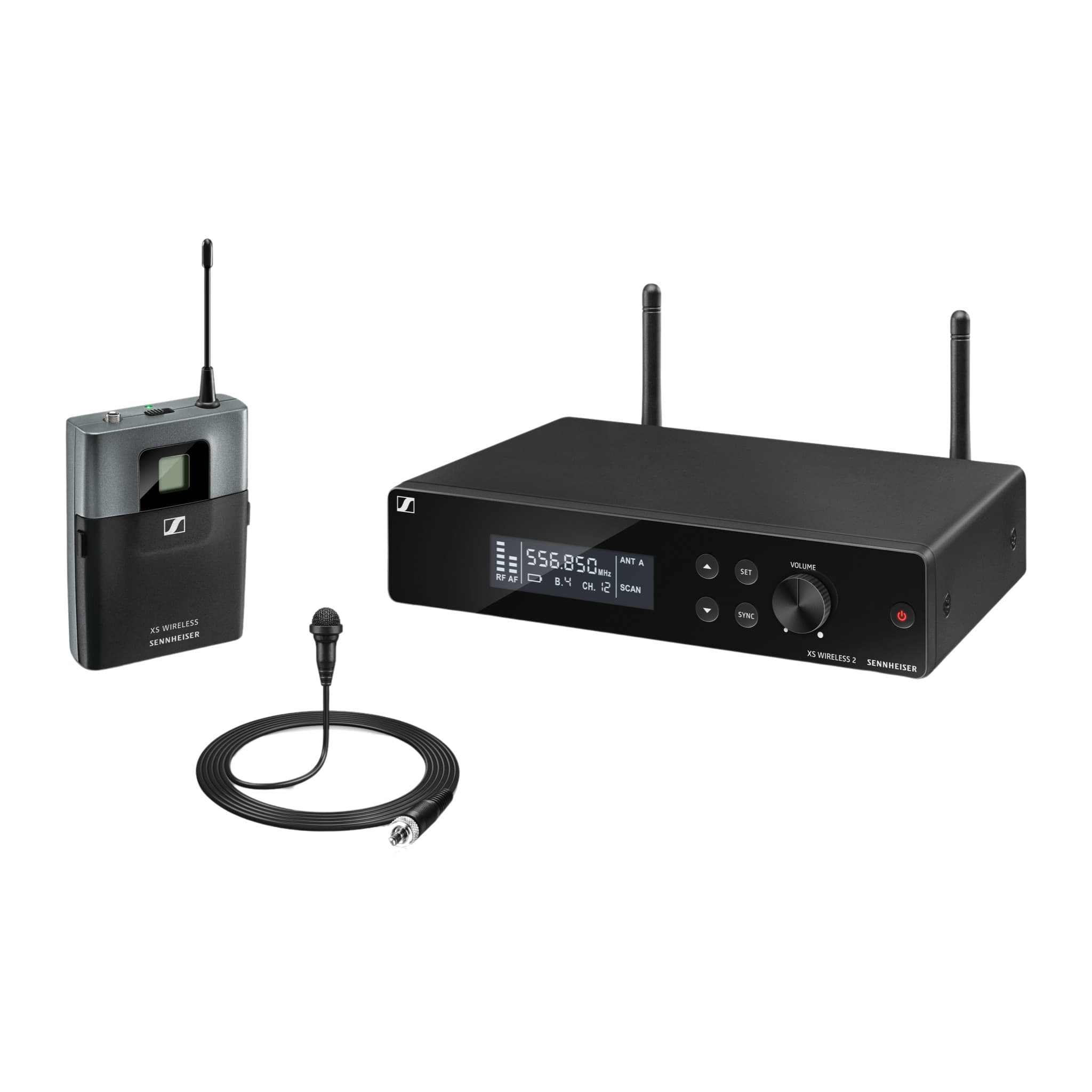 Sennheiser XS Wireless 2 lavalier set: SK-XSW bodypack, ME 2 lavalier microphone and EM-XSW 2 receiver