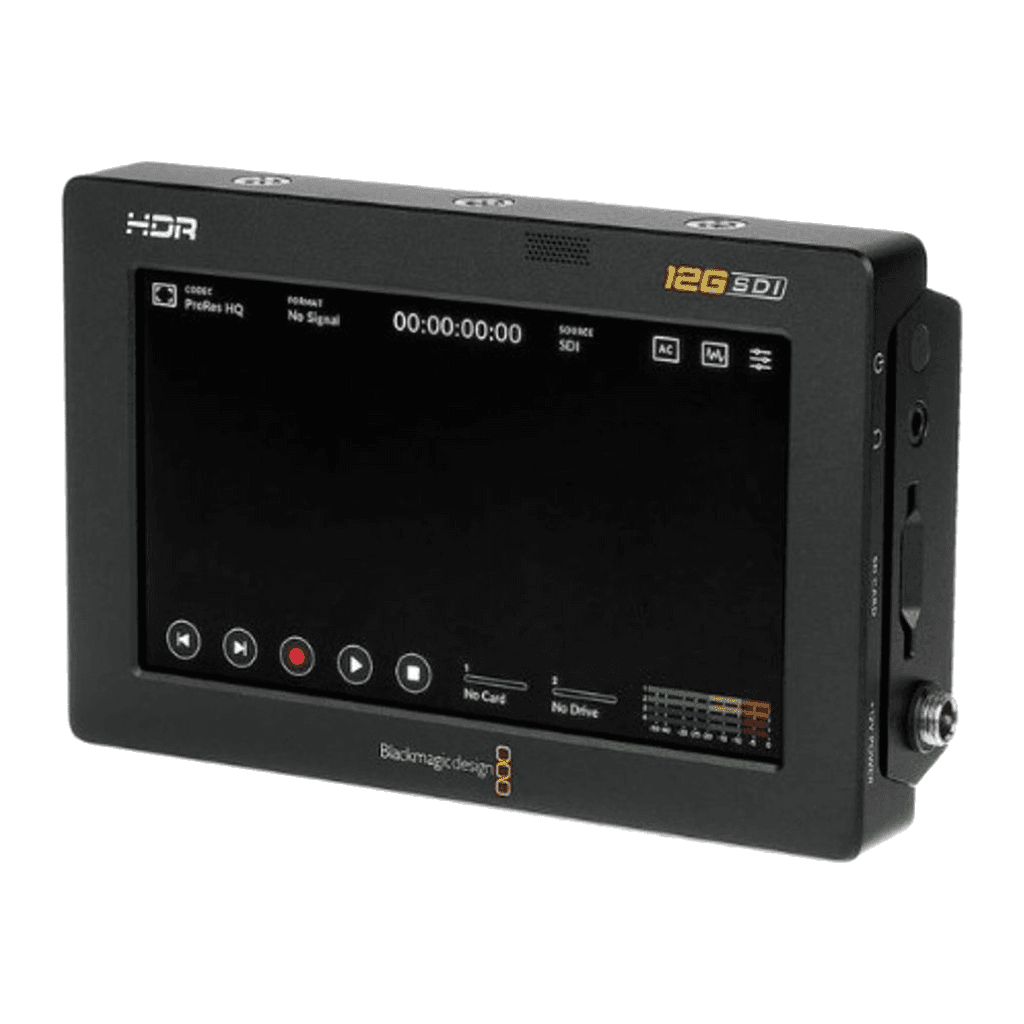Blackmagic Video Assist 5" 12G HDR, three-quarter view, record screen showing ProRes HQ and SDI source