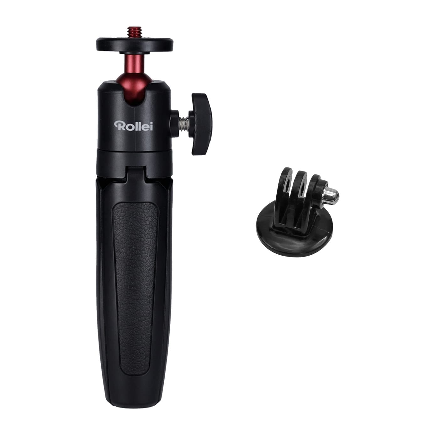 Rollei Comfort Desktop mini tripod closed, shown with its included action-camera adapter