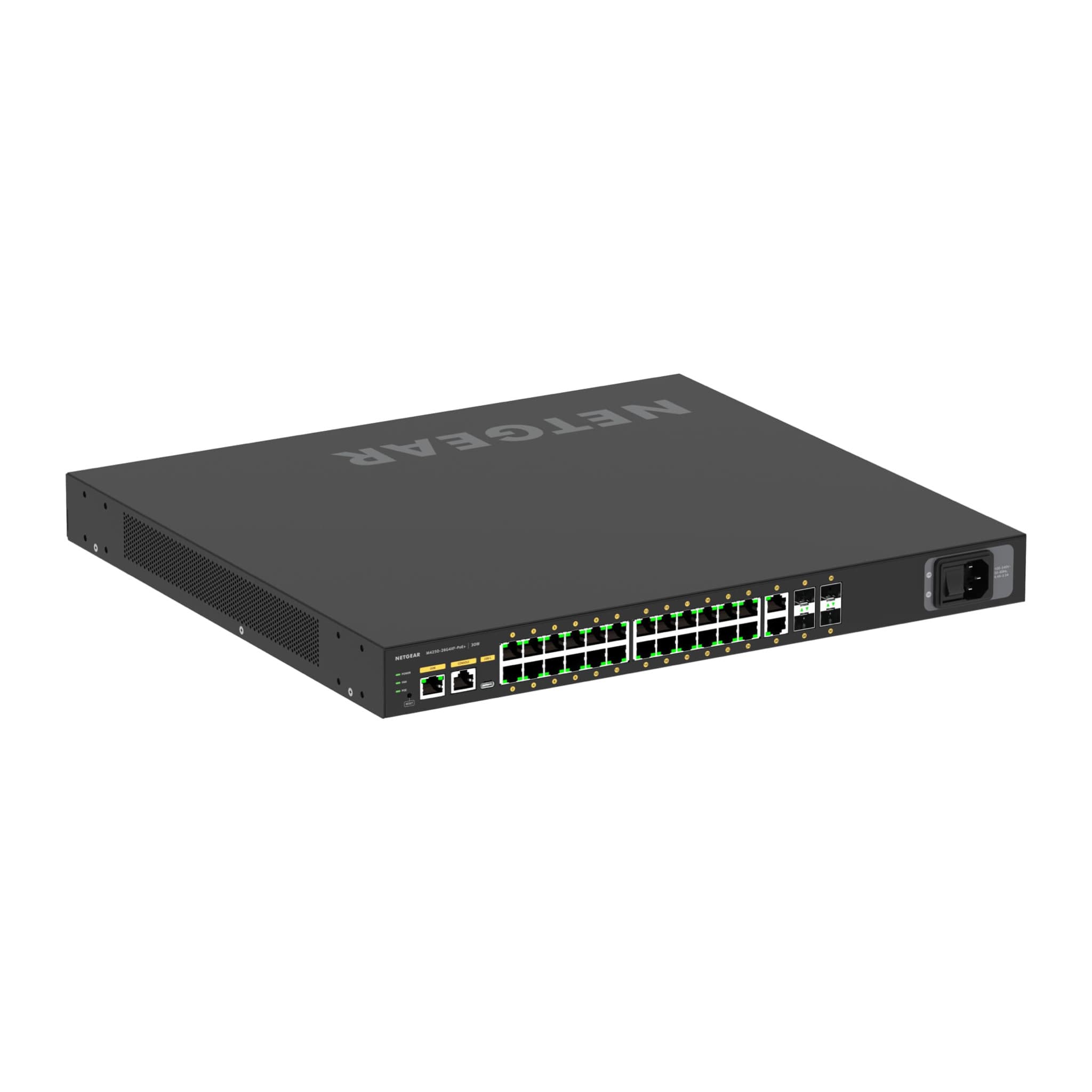 Rear of the NETGEAR M4250-26G4XF-PoE+: 24 PoE+ ports, 2 gigabit ports, 4 SFP+ cages and power inlet