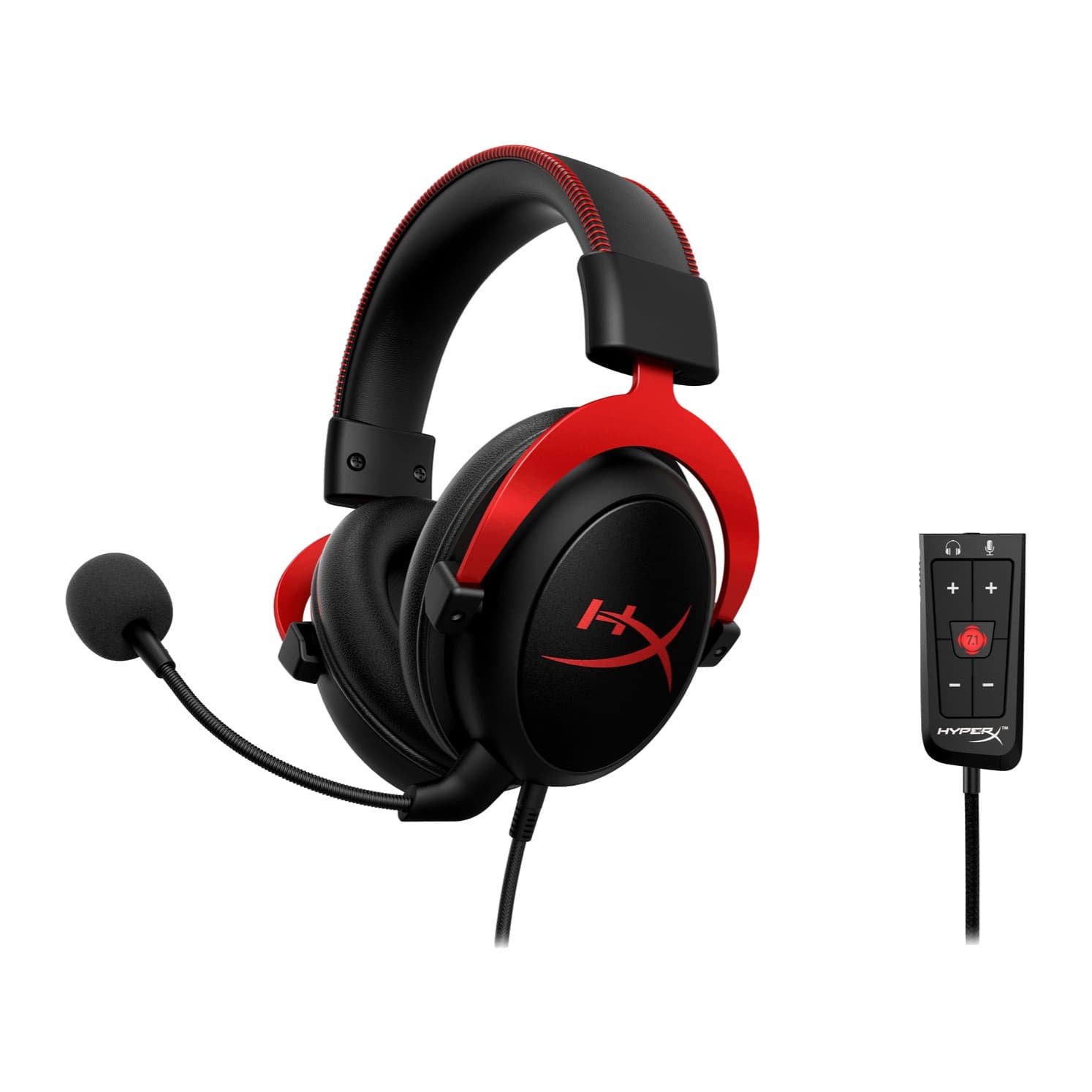 HyperX Cloud II red headset next to its USB audio control box