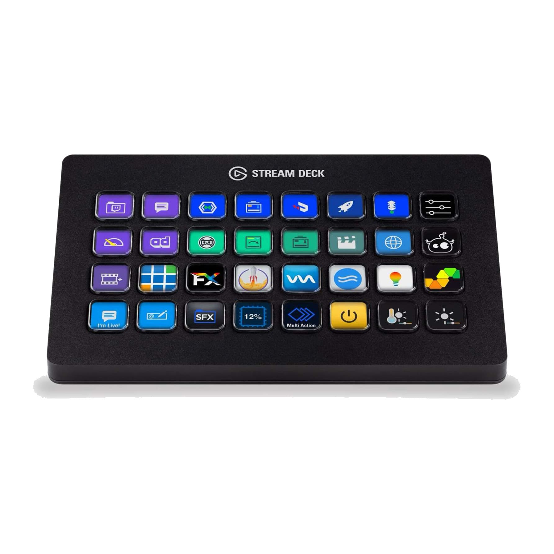 Elgato Stream Deck XL seen face-on, showing the 4x8 grid of 32 customisable LCD keys