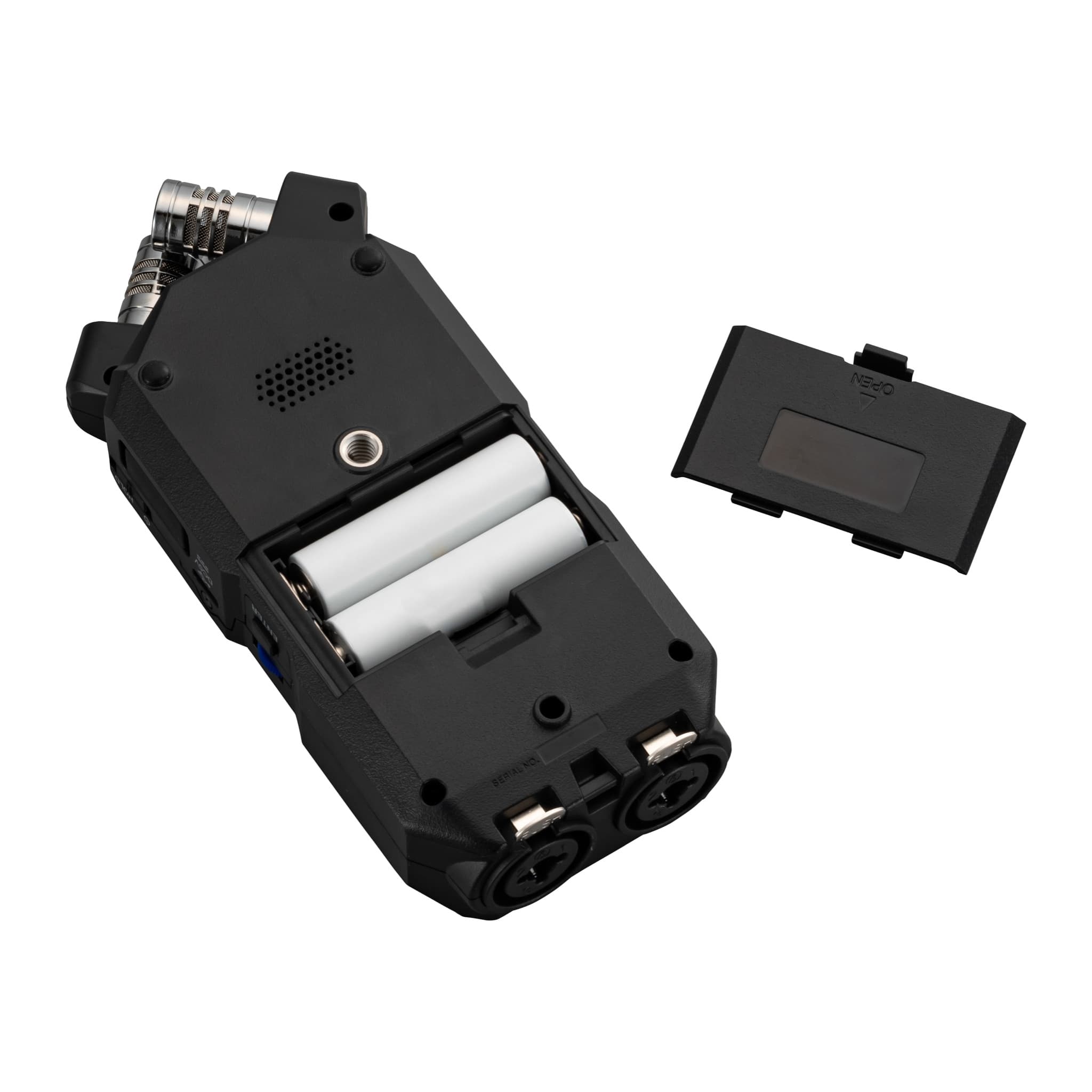 Zoom H4essential rear with battery door off, two AA batteries, tripod thread and XLR/TRS inputs
