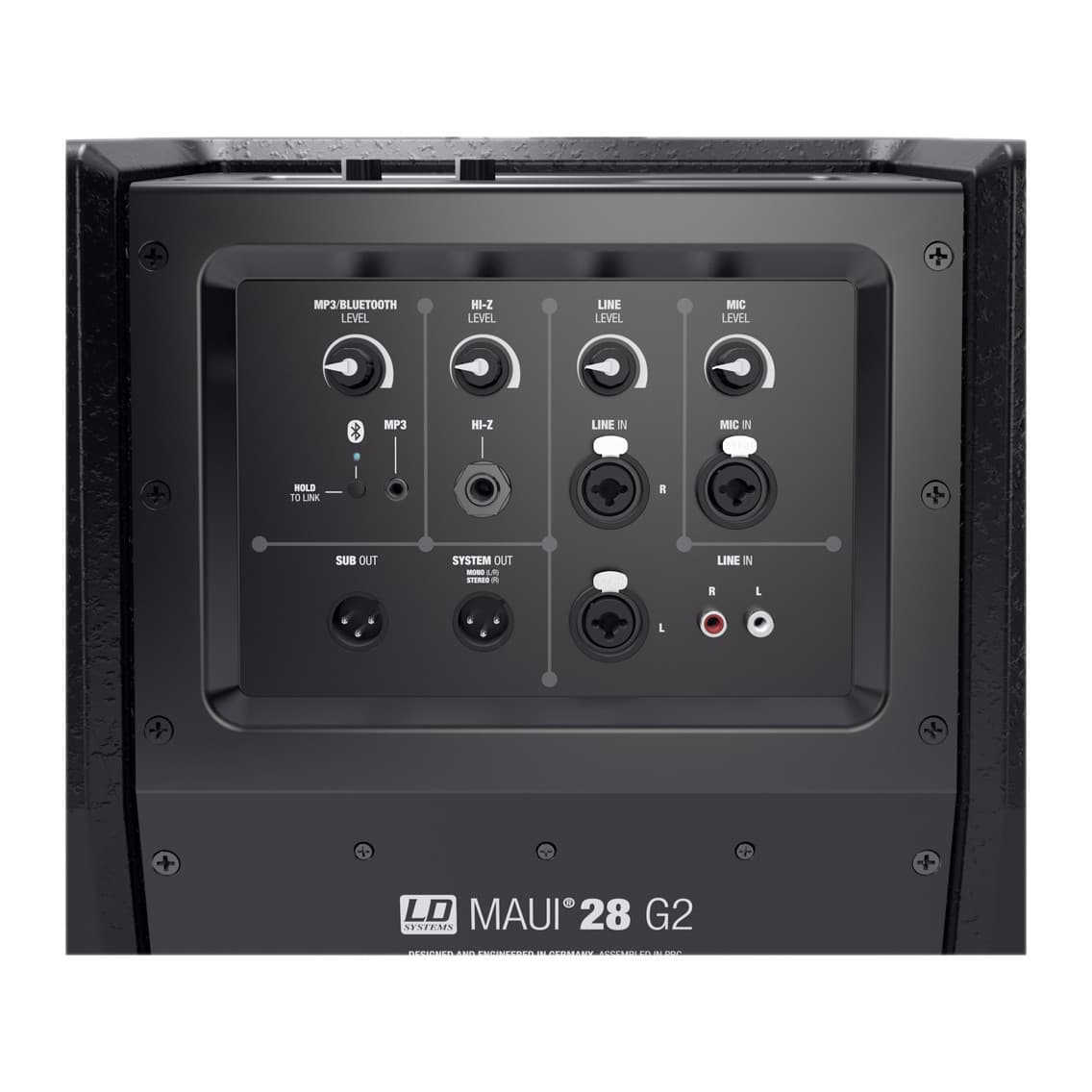 Close-up of the Maui 28 G2 mixer: mic, instrument, line, Bluetooth/MP3 and outputs
