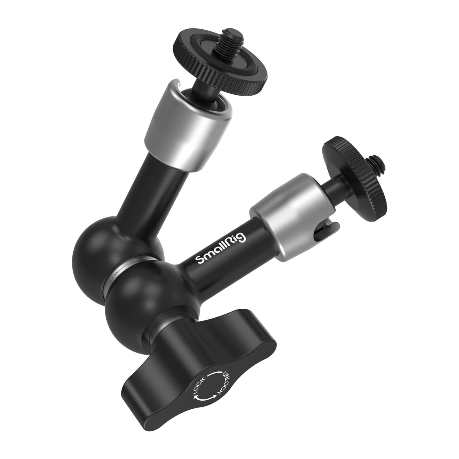 SmallRig 5.5in articulating arm 2065B bent, showing double ball joint, lock knob and 1/4in screws