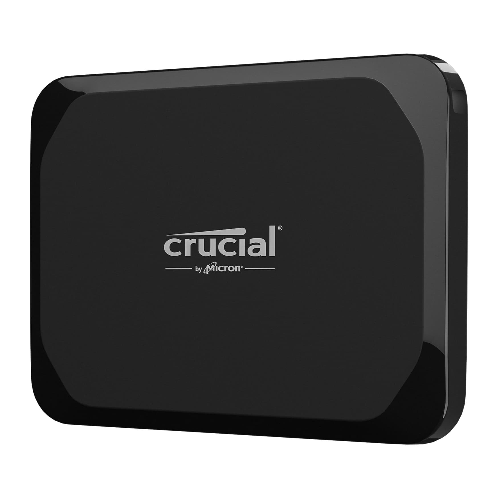 Crucial X9 2TB portable SSD, right three-quarter view of the black polycarbonate shell