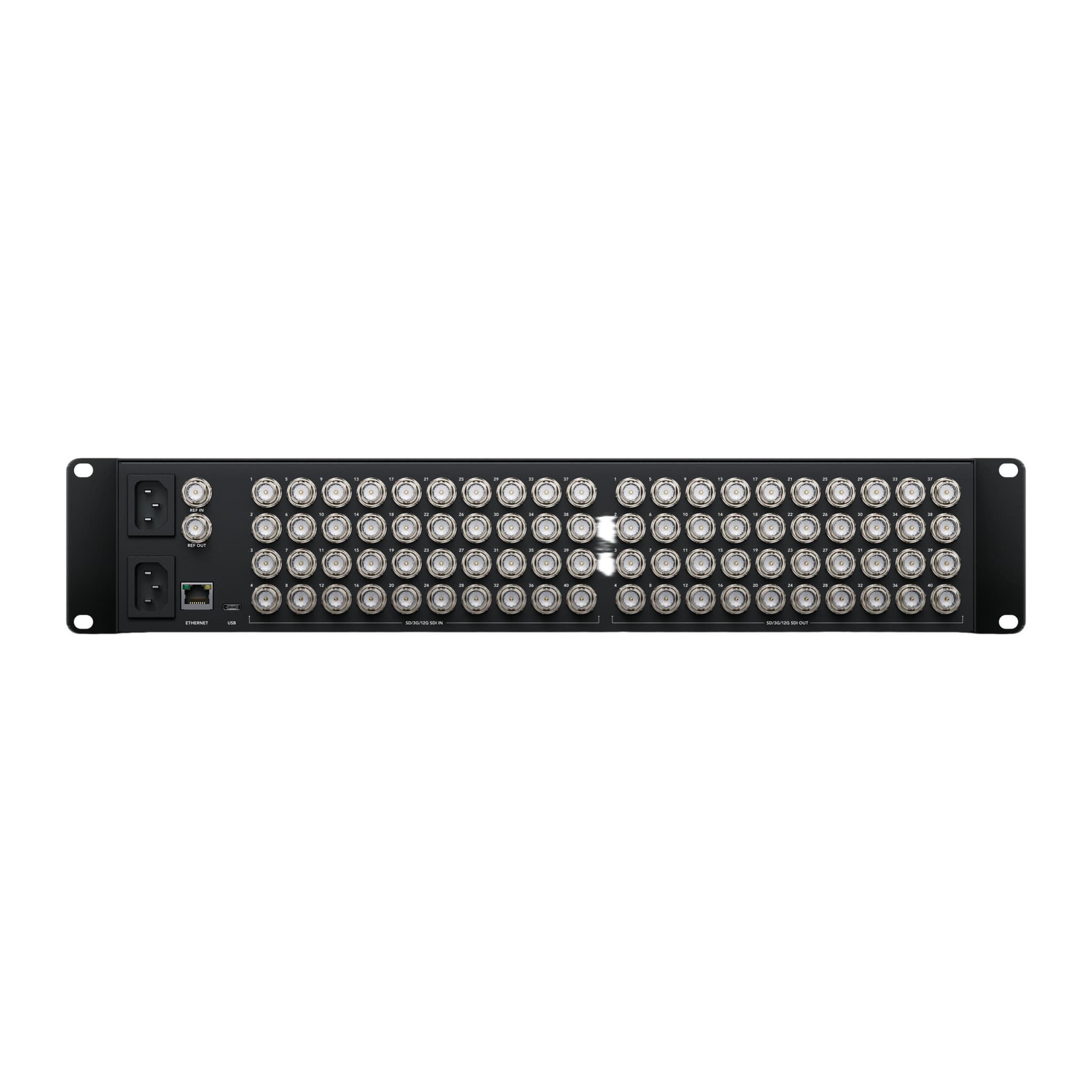 Rear of the Videohub 40x40 12G with 40 SDI inputs, 40 SDI outputs, dual power and Ethernet