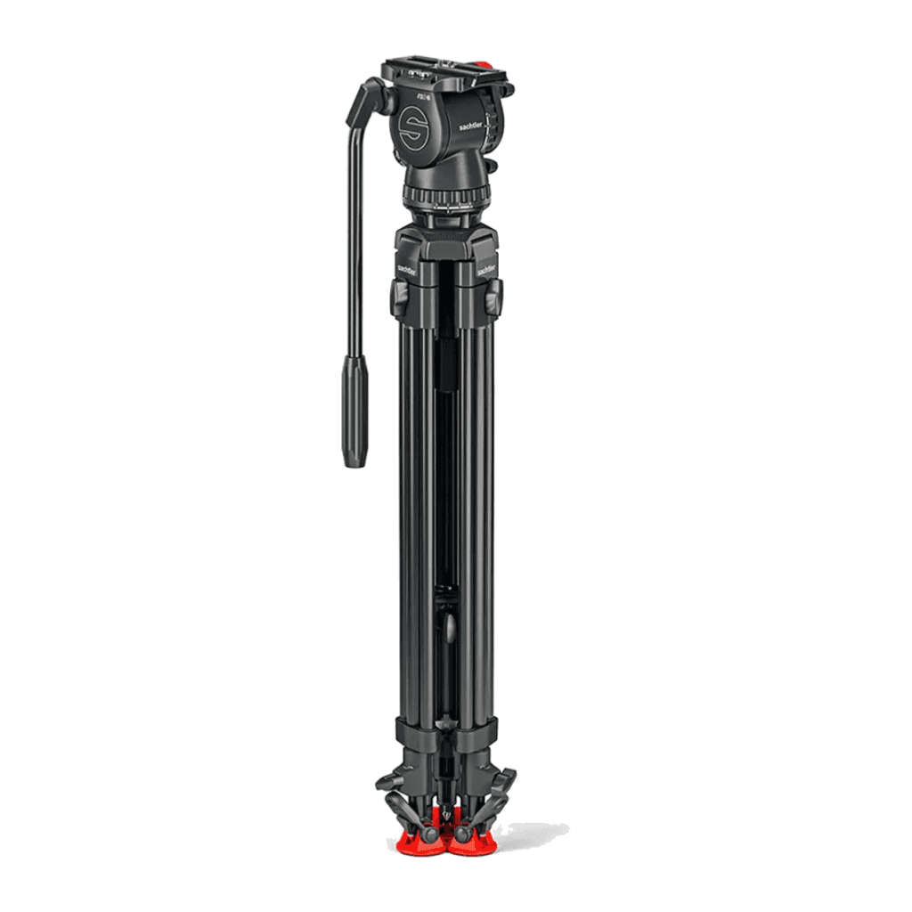 Sachtler FSB 6 Mk II tripod system folded on aluminium two-stage legs with red rubber feet