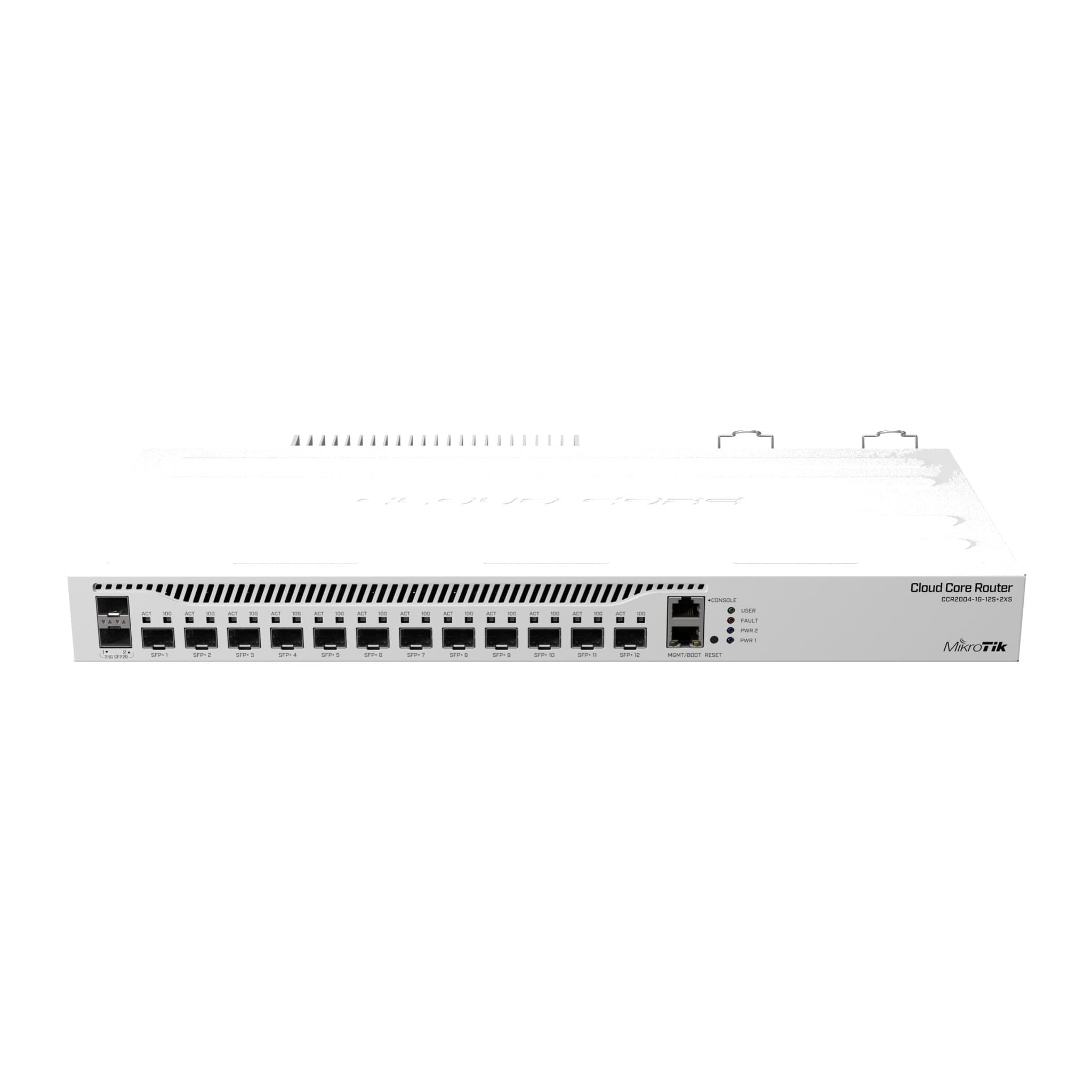 Front panel of the CCR2004-1G-12S+2XS: 12 SFP+ and 2 SFP28 cages, MGMT and console ports, LEDs