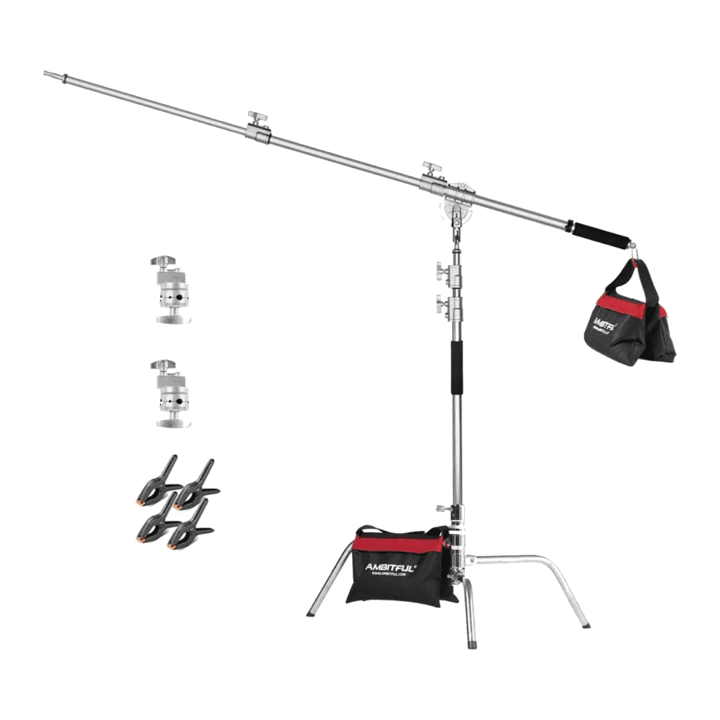 Ambitful stainless-steel C-stand with boom arm and counterweight sandbag, plus grip heads and spring clamps