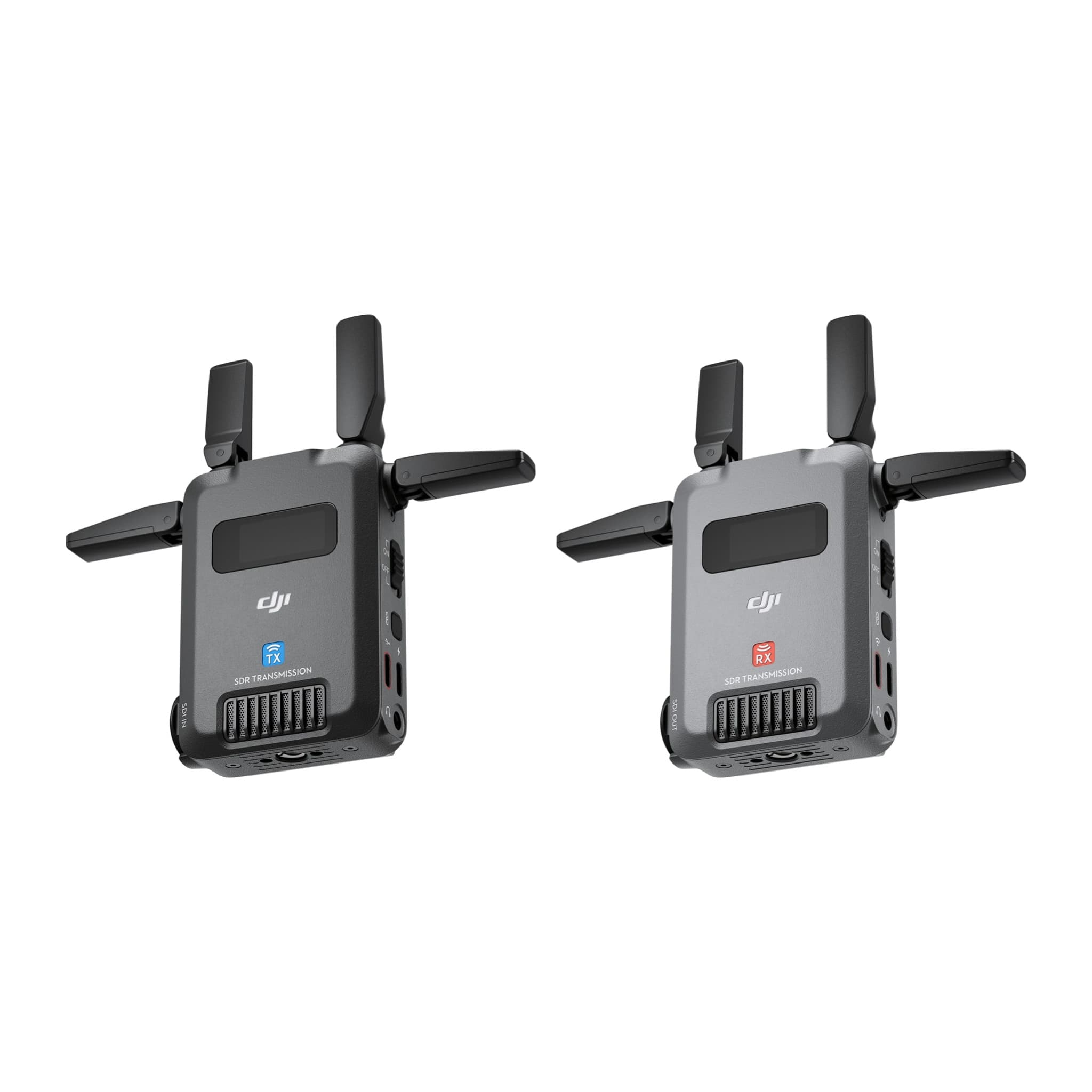 DJI SDR Transmission TX and RX from below showing power switch, USB-C ports and mounting base