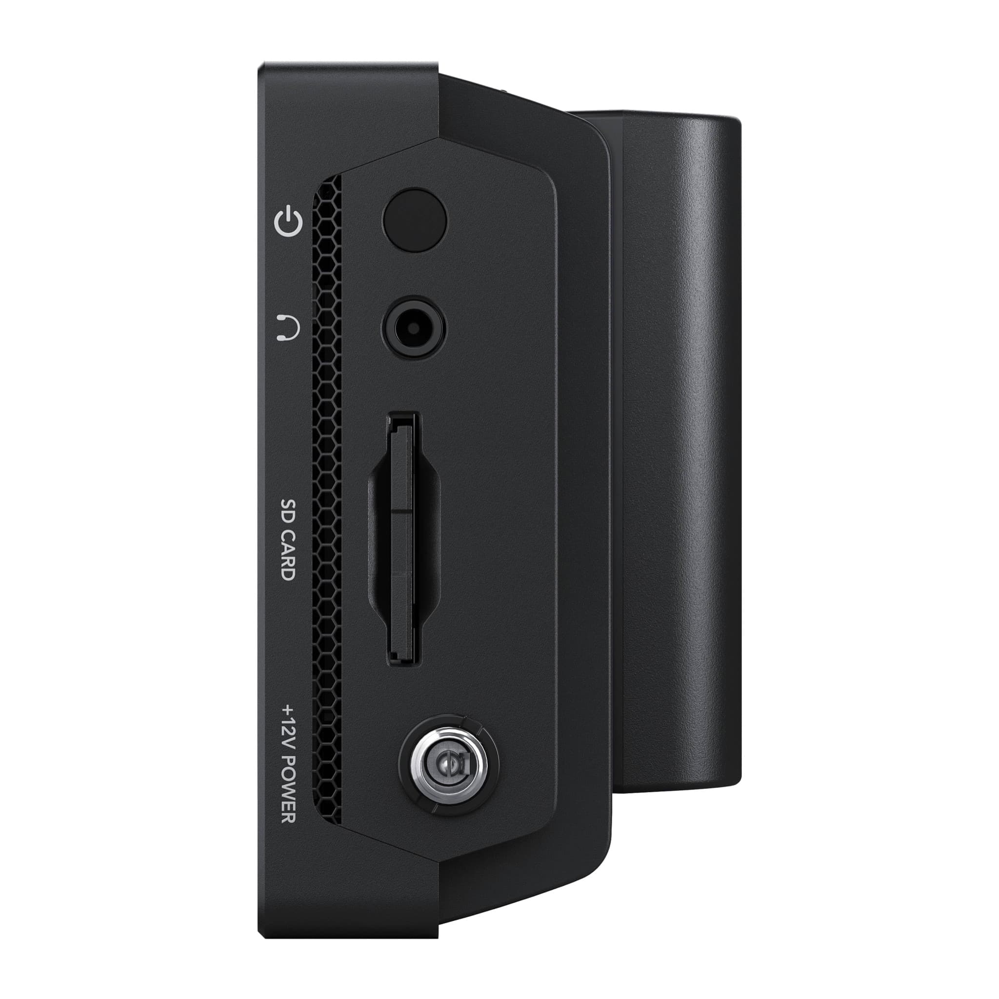 Blackmagic Video Assist 5" 12G HDR side panel with power button, headphone jack, SD slot and 12V input