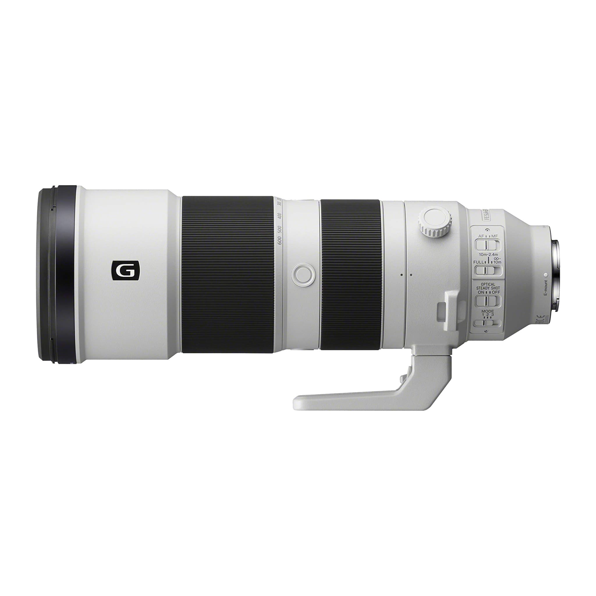 Sony FE 200-600mm F5.6-6.3 G OSS side view with zoom ring, focus ring, switches and tripod foot