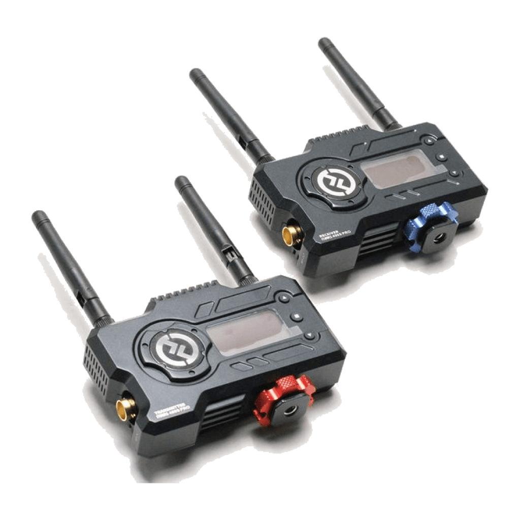 Hollyland Mars 400S Pro transmitter and receiver pair with red and blue mounting knobs