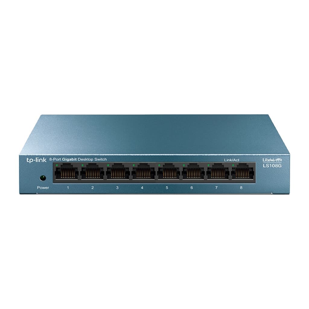 Front of the TP-Link LS108G: eight gigabit RJ45 ports and power LED