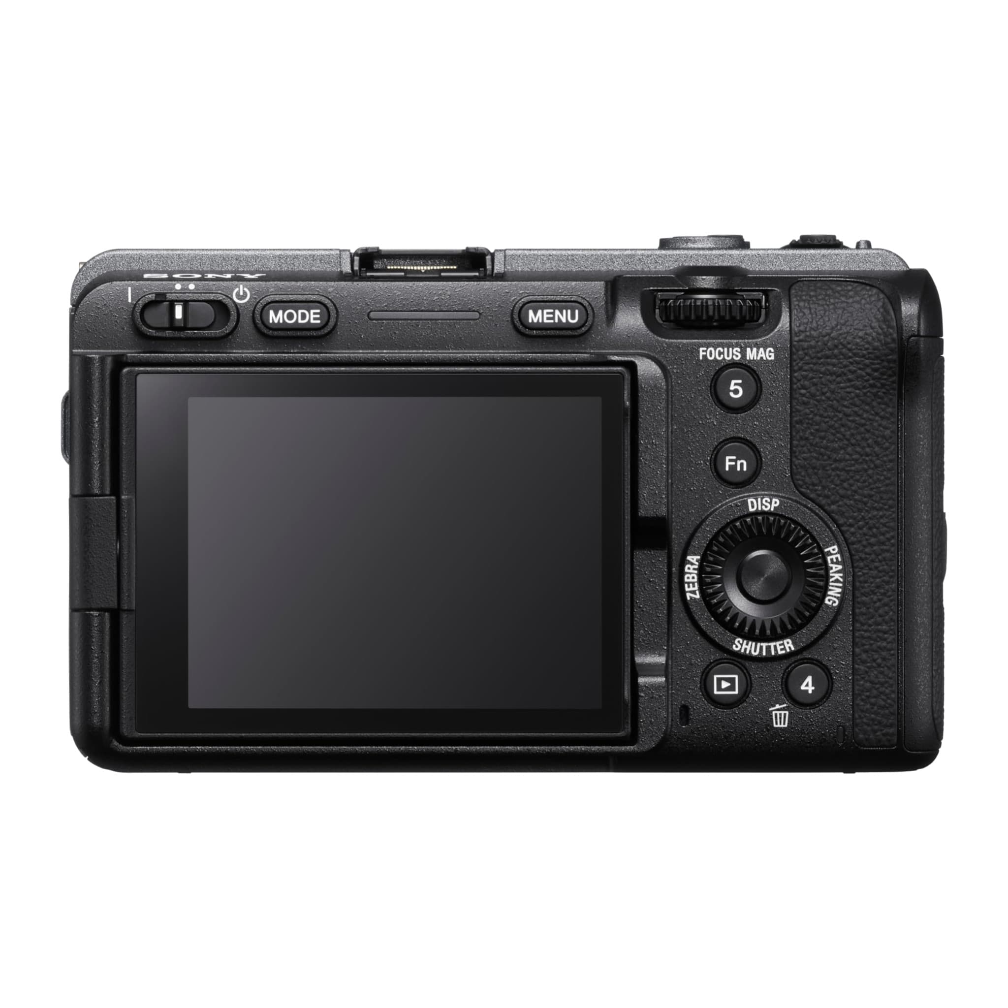 Sony FX3 rear view with vari-angle LCD, control wheel and Fn, MODE and MENU buttons