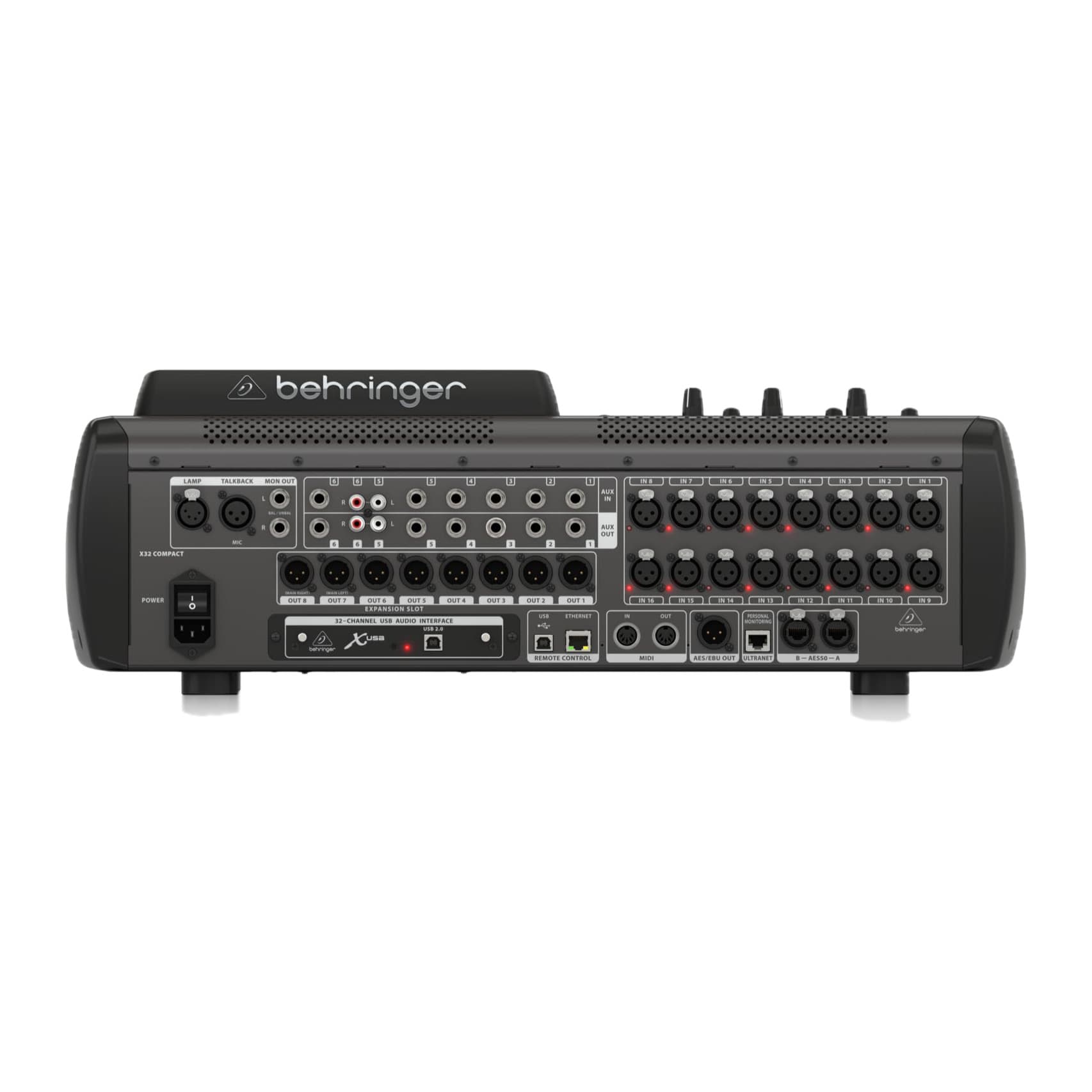 Behringer X32 Compact rear panel with 16 XLR inputs, 8 XLR outputs, AES50, USB card and power