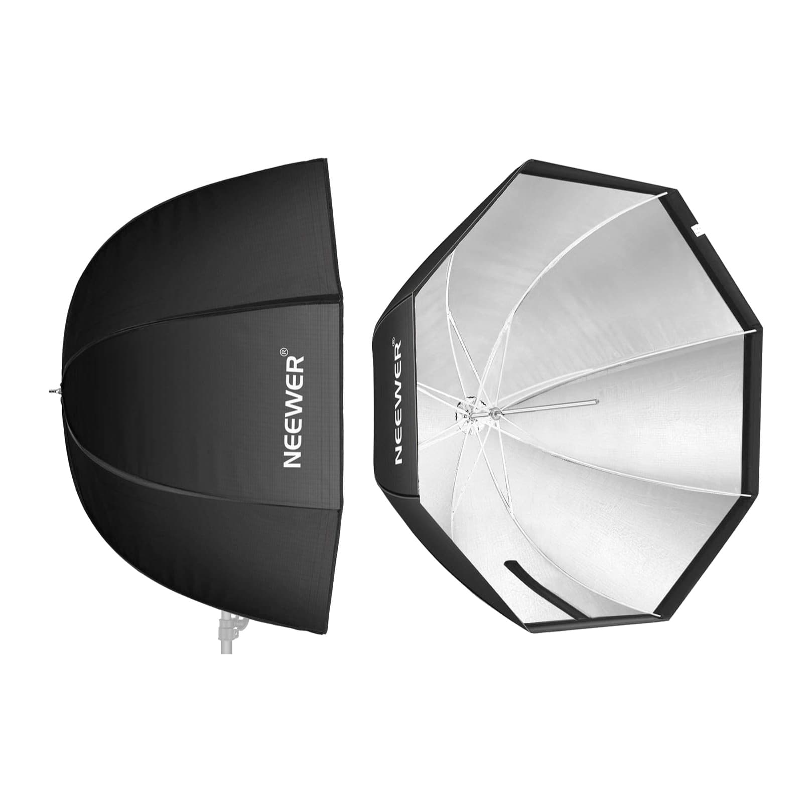Neewer octagonal umbrella softbox: side profile and open silver interior with umbrella ribs