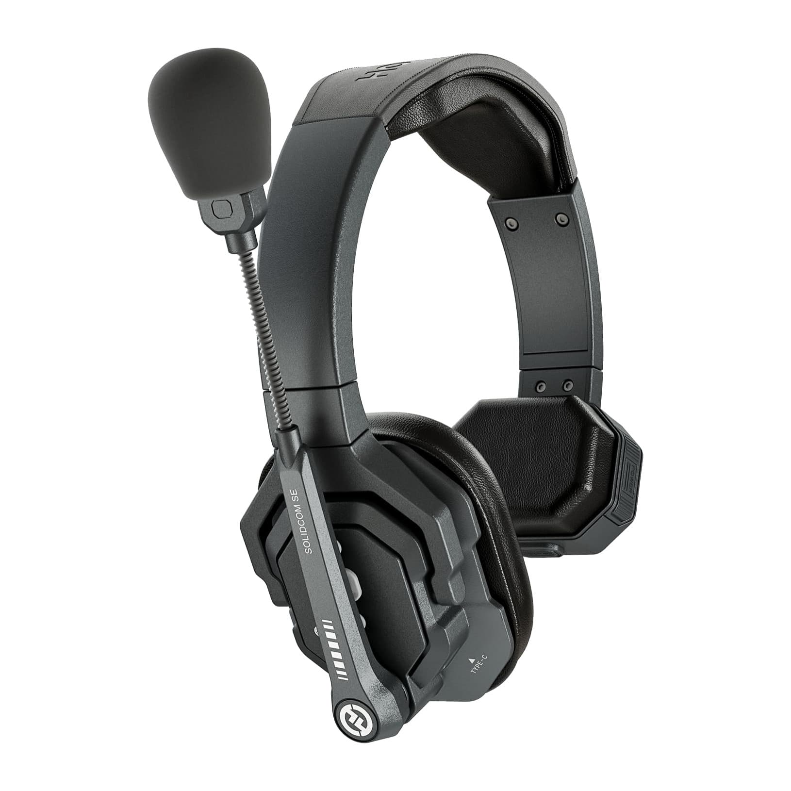 Hollyland Solidcom SE single-ear headset, front three-quarter view with boom microphone