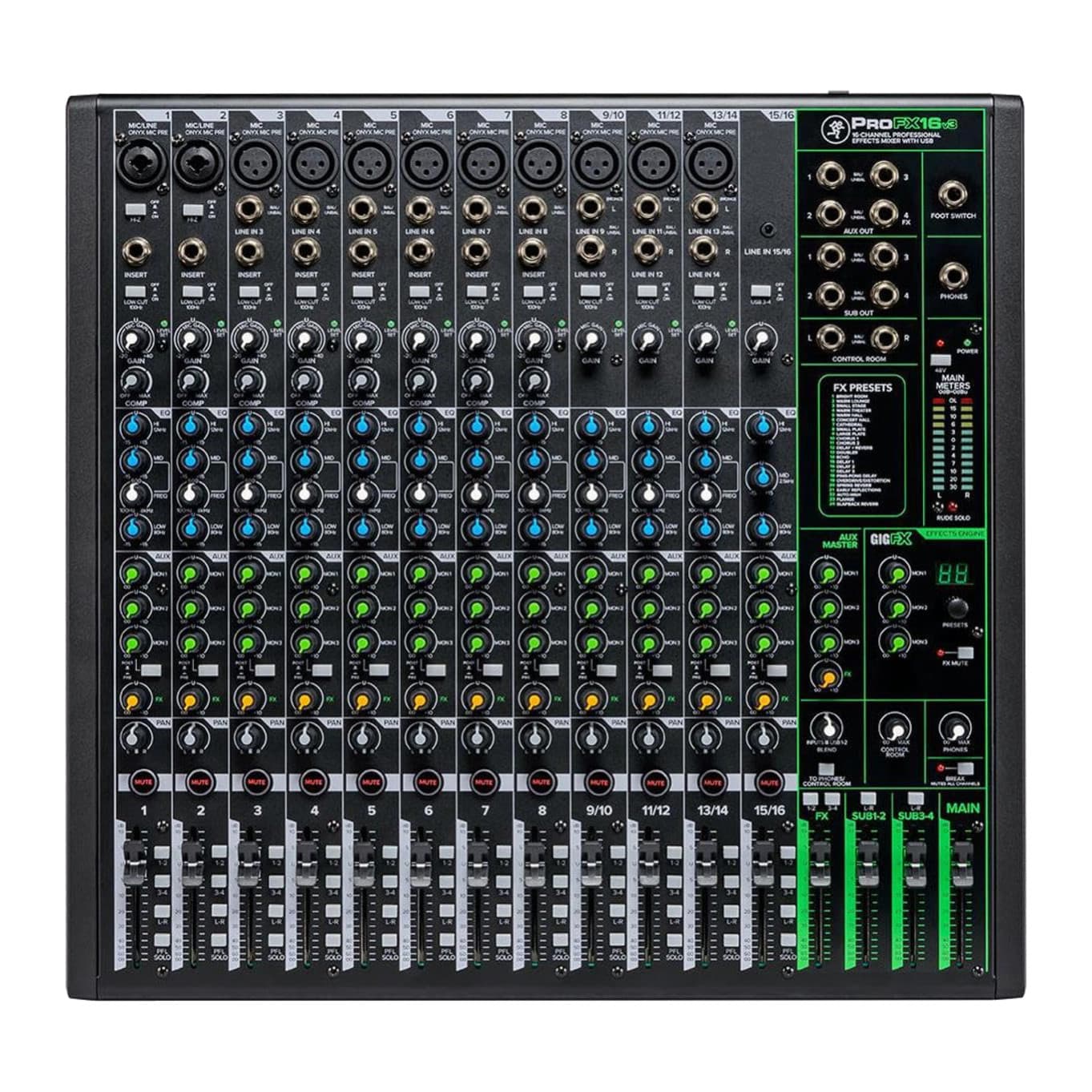 Mackie ProFX16v3 seen from above, showing all 16 channel strips, FX section and master faders