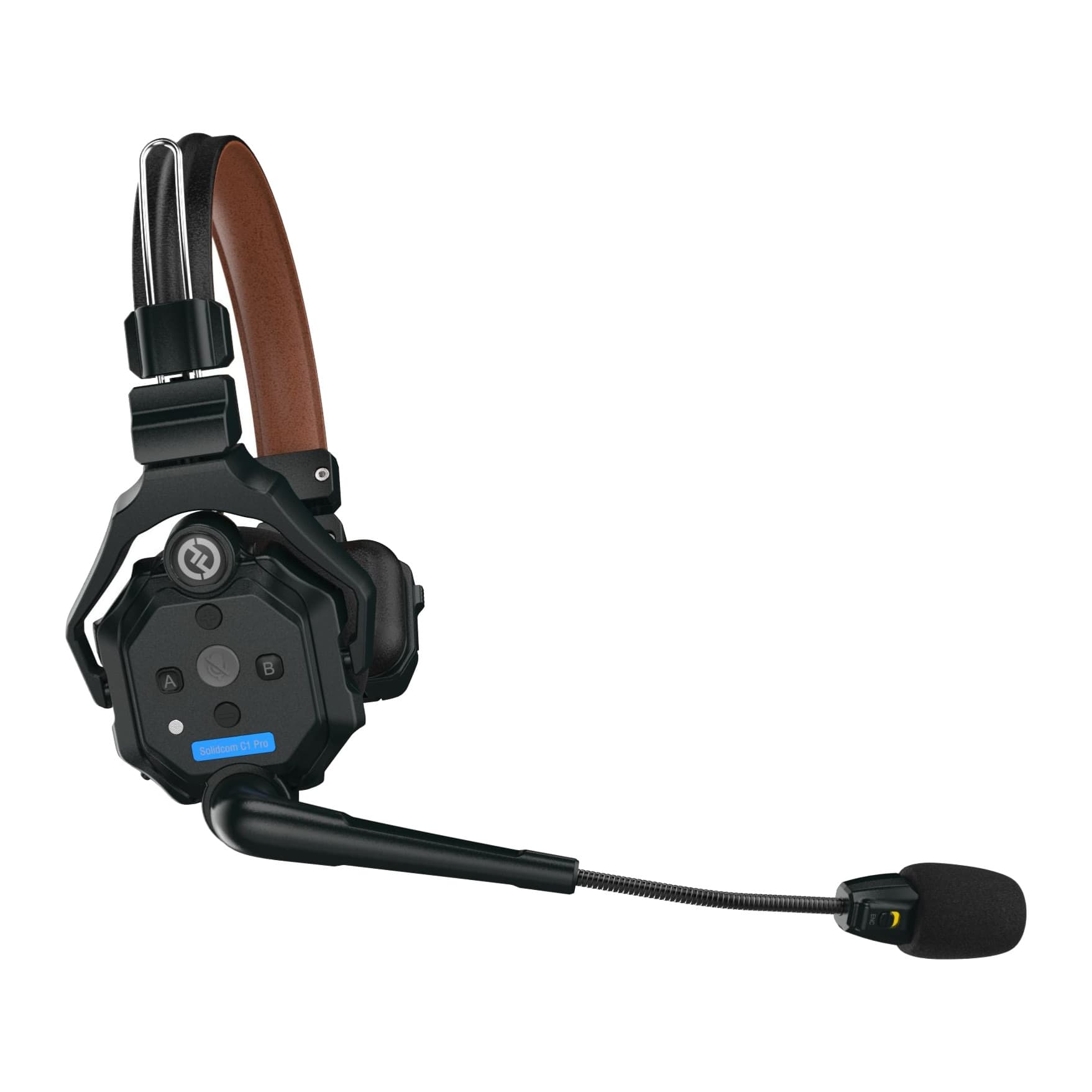 Hollyland Solidcom C1 Pro single-ear wireless headset with brown headband and boom microphone