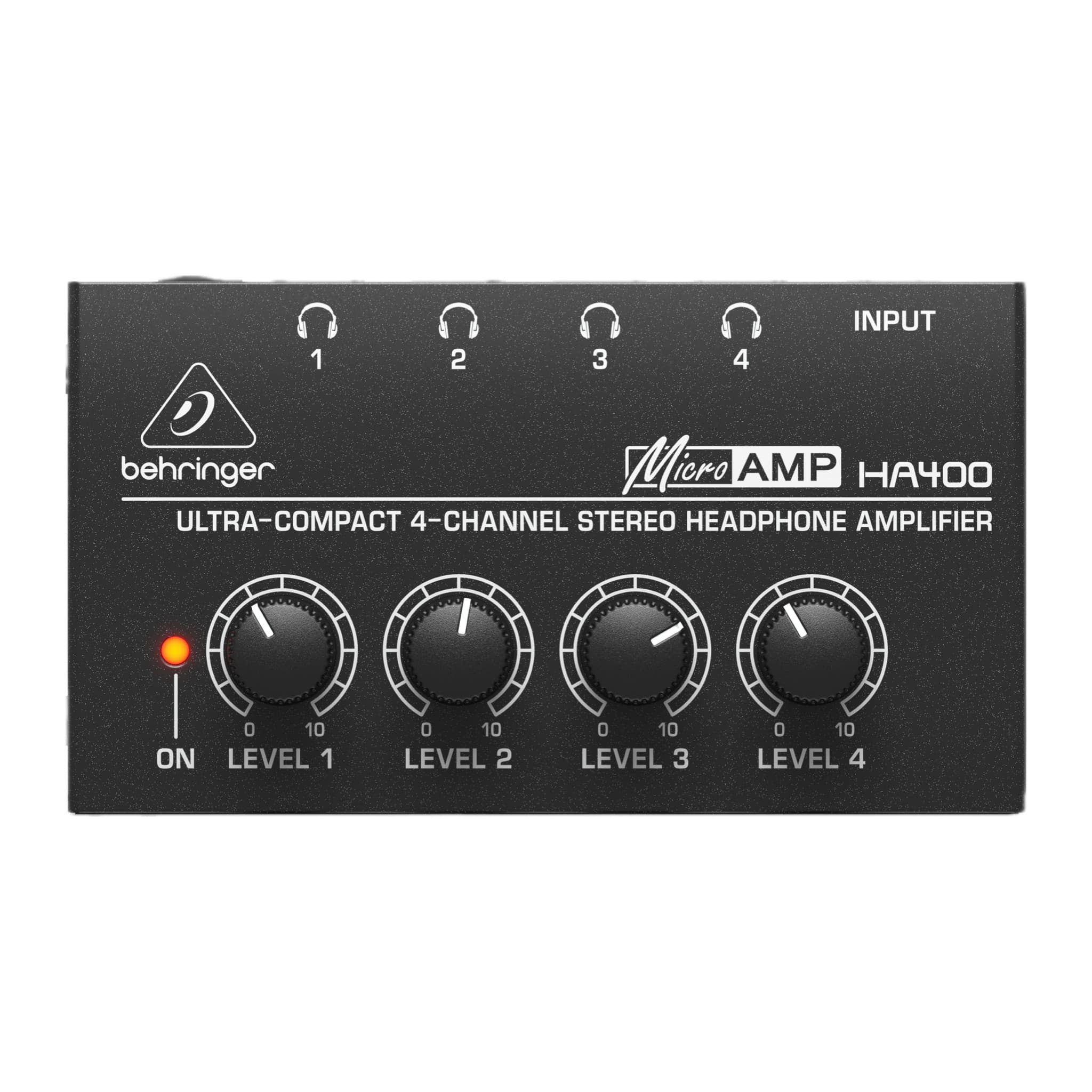 Behringer HA400 top panel with power LED and four numbered level controls