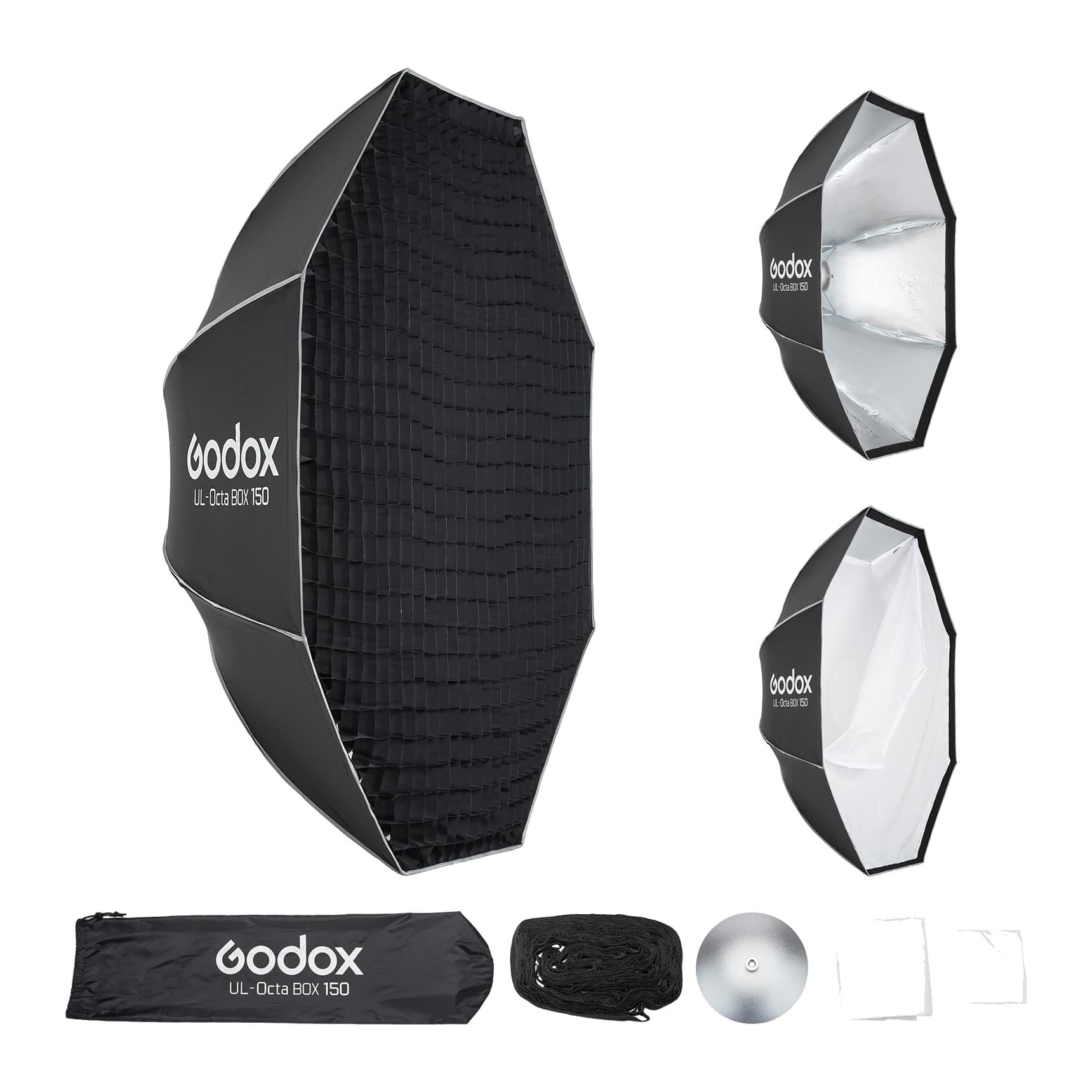 Godox UL-Octa Box 150 kit laid out: softbox, carry bag, grid, deflector plate and inner/outer diffusers