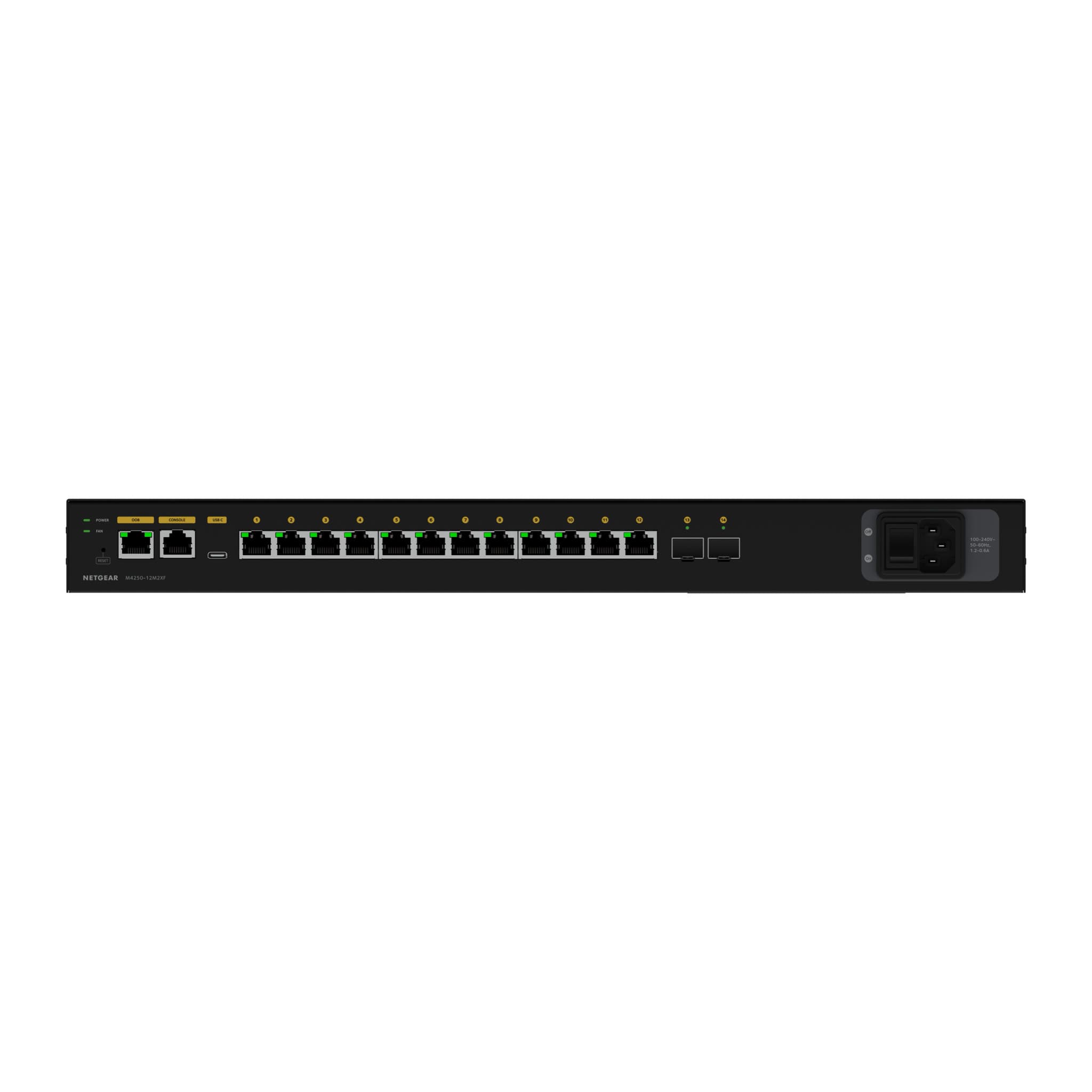 NETGEAR M4250-12M2XF port panel straight on: RJ45 ports, two SFP+ cages and AC power inlet
