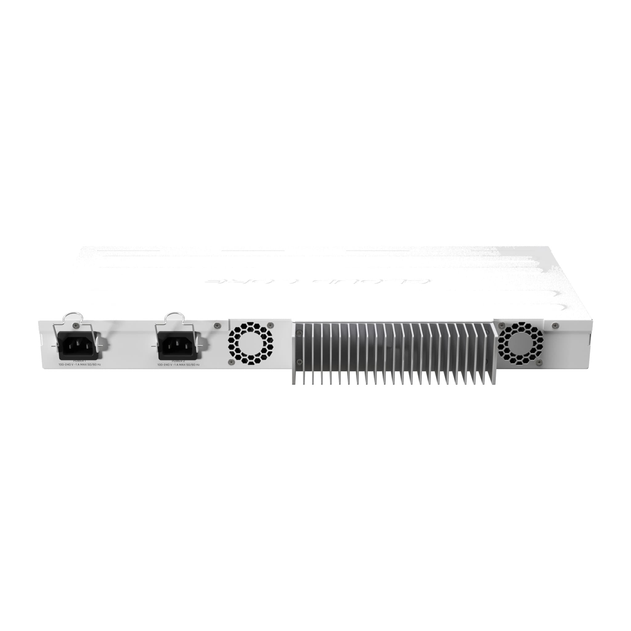Rear of the CCR2004-1G-12S+2XS: dual IEC power inputs, two fans and the heatsink