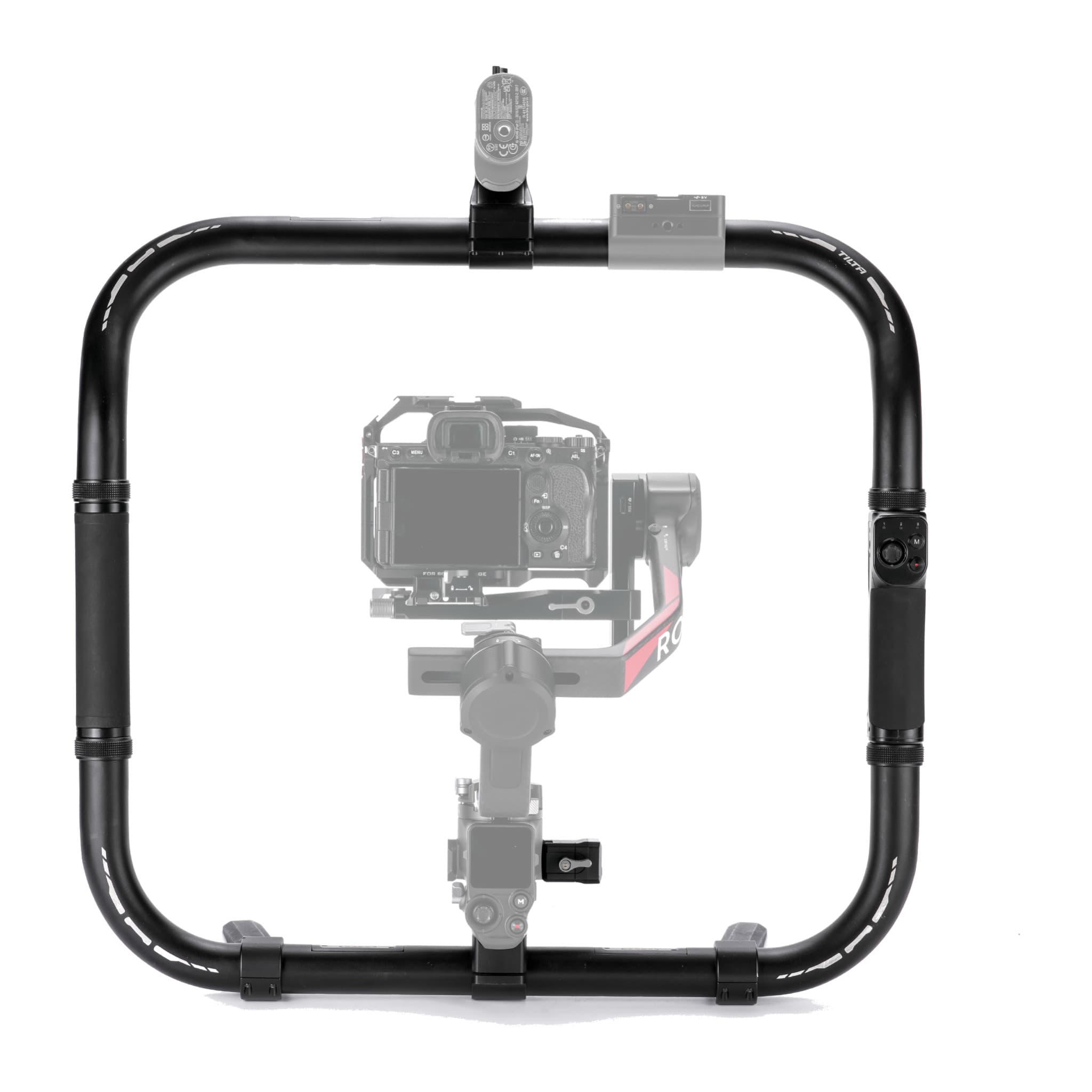 Tilta Basic Ring Grip Plus front view with mounted DJI Ronin gimbal shown ghosted