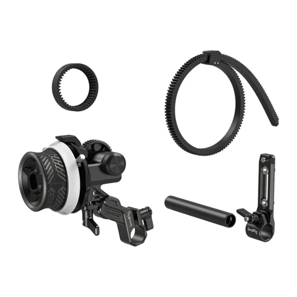 SmallRig F40 kit laid out: follow focus, silicone gear ring, gear belt, 15mm rod and rod clamp