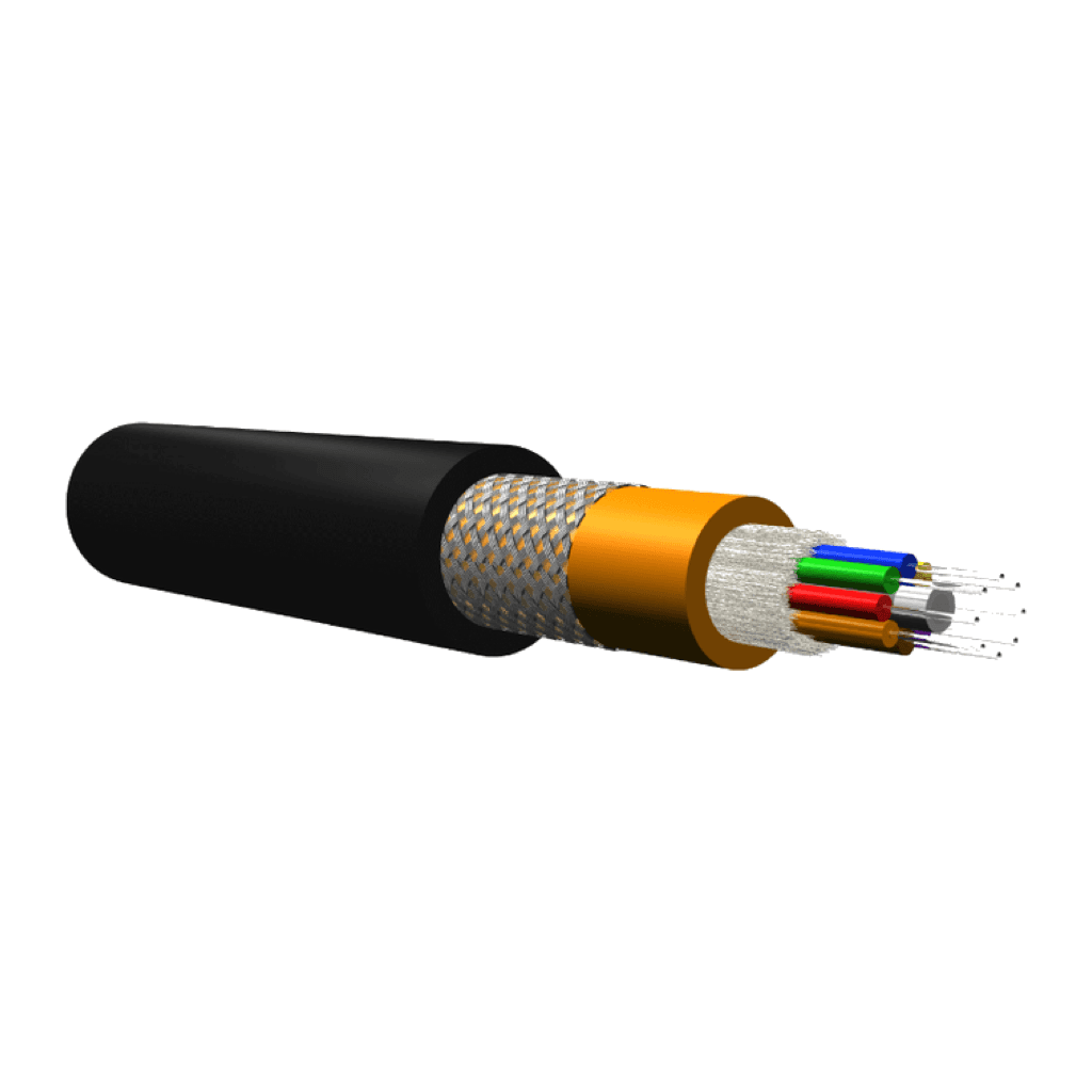Cutaway of Percon armoured single-mode tactical fibre cable showing PUR jacket, metal armour and four coloured fibres