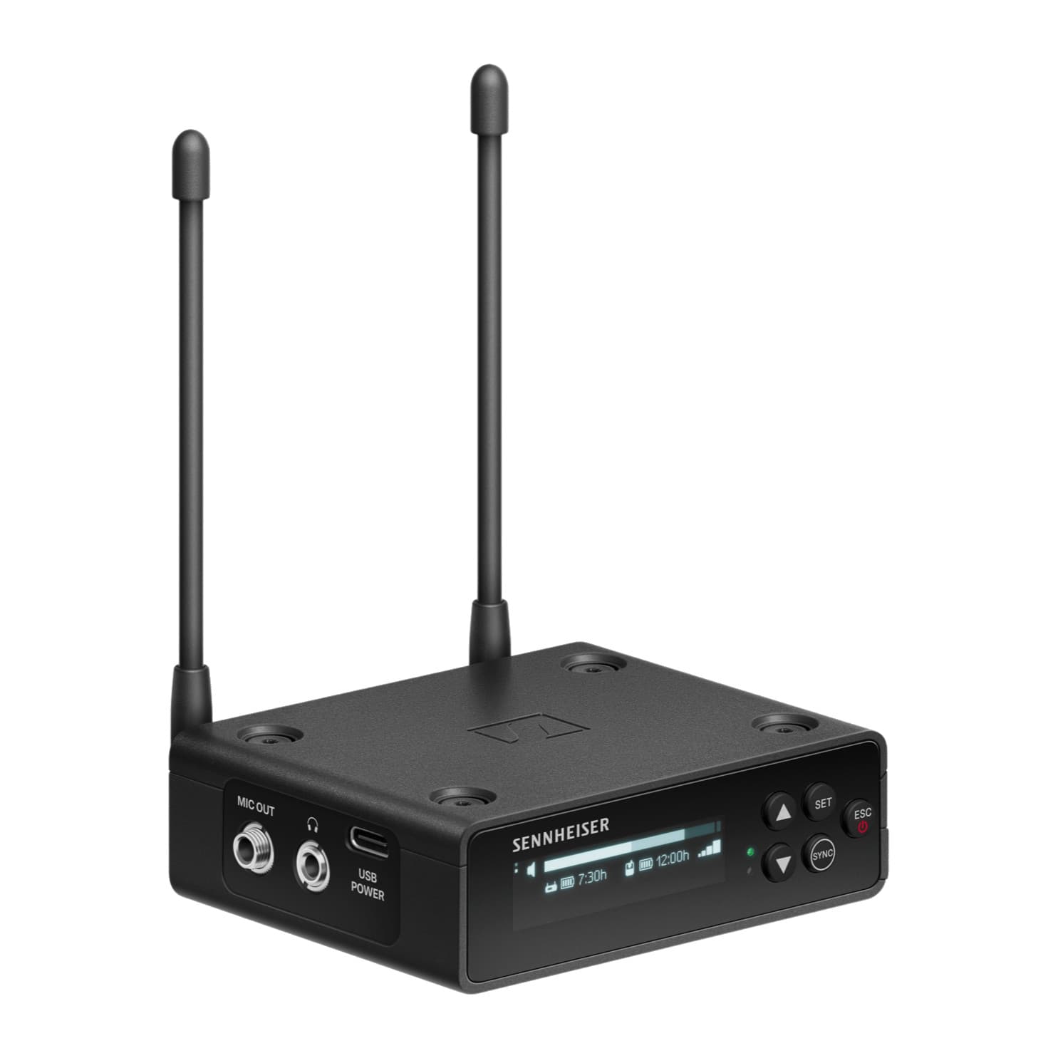 Sennheiser EW-DP EK portable receiver, three-quarter view with display, buttons and antennas