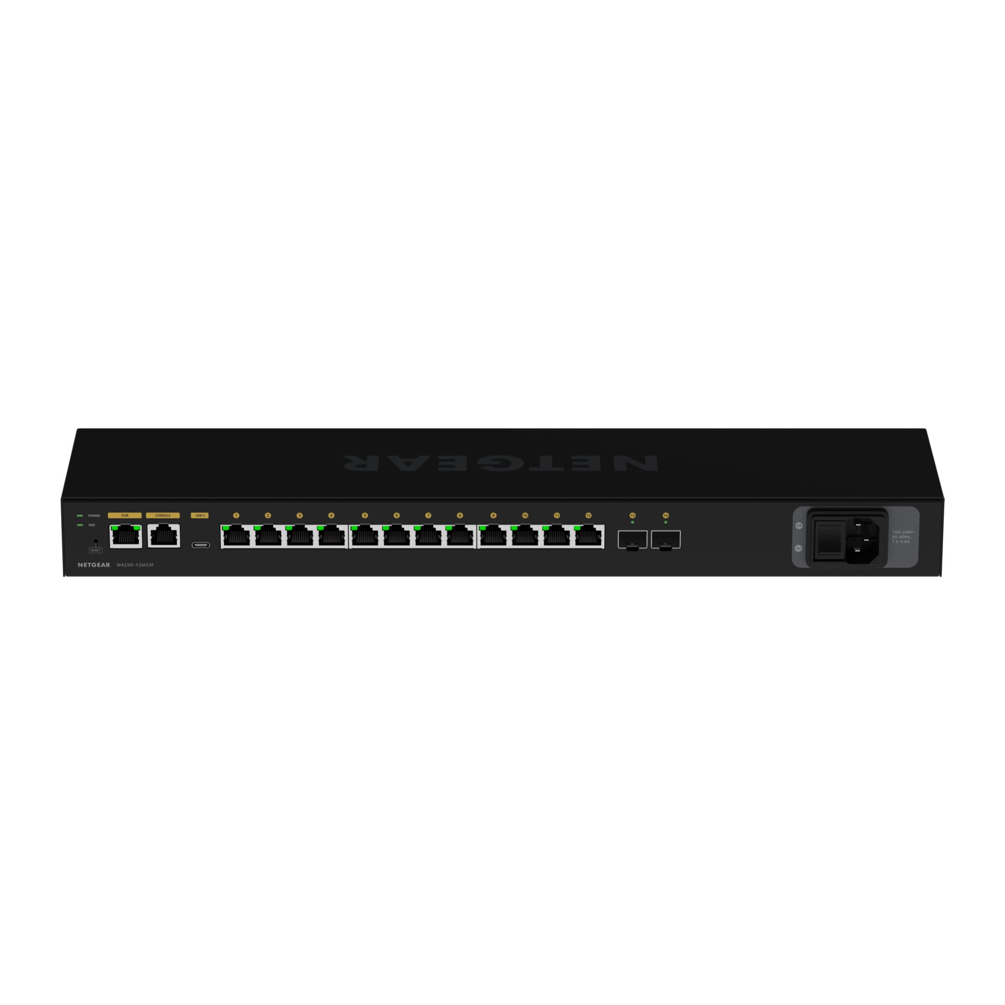 NETGEAR M4250-12M2XF rear three-quarter view with RJ45 ports, SFP+ cages and power inlet