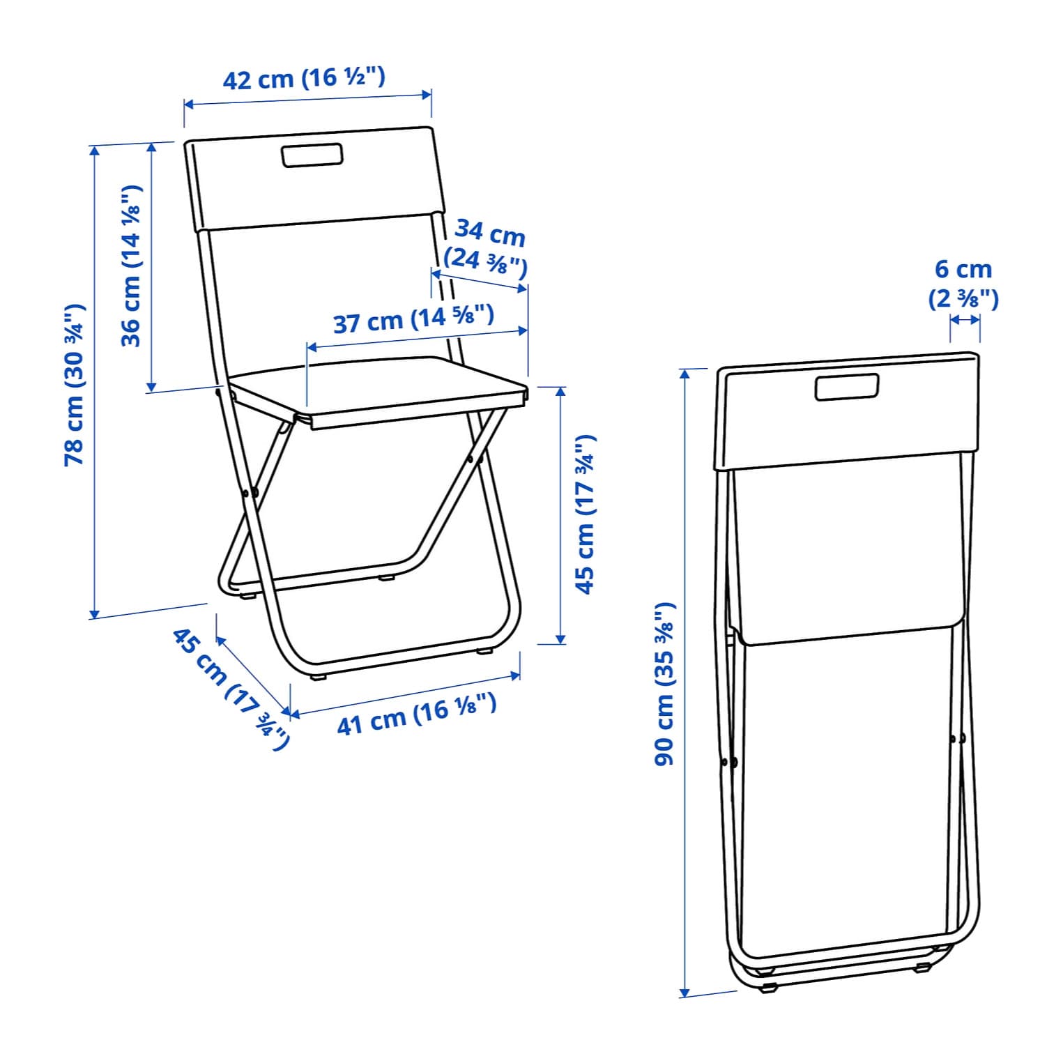 IKEA dimension drawing of the GUNDE chair: open 78 cm high, folded 90 cm tall and 6 cm thick