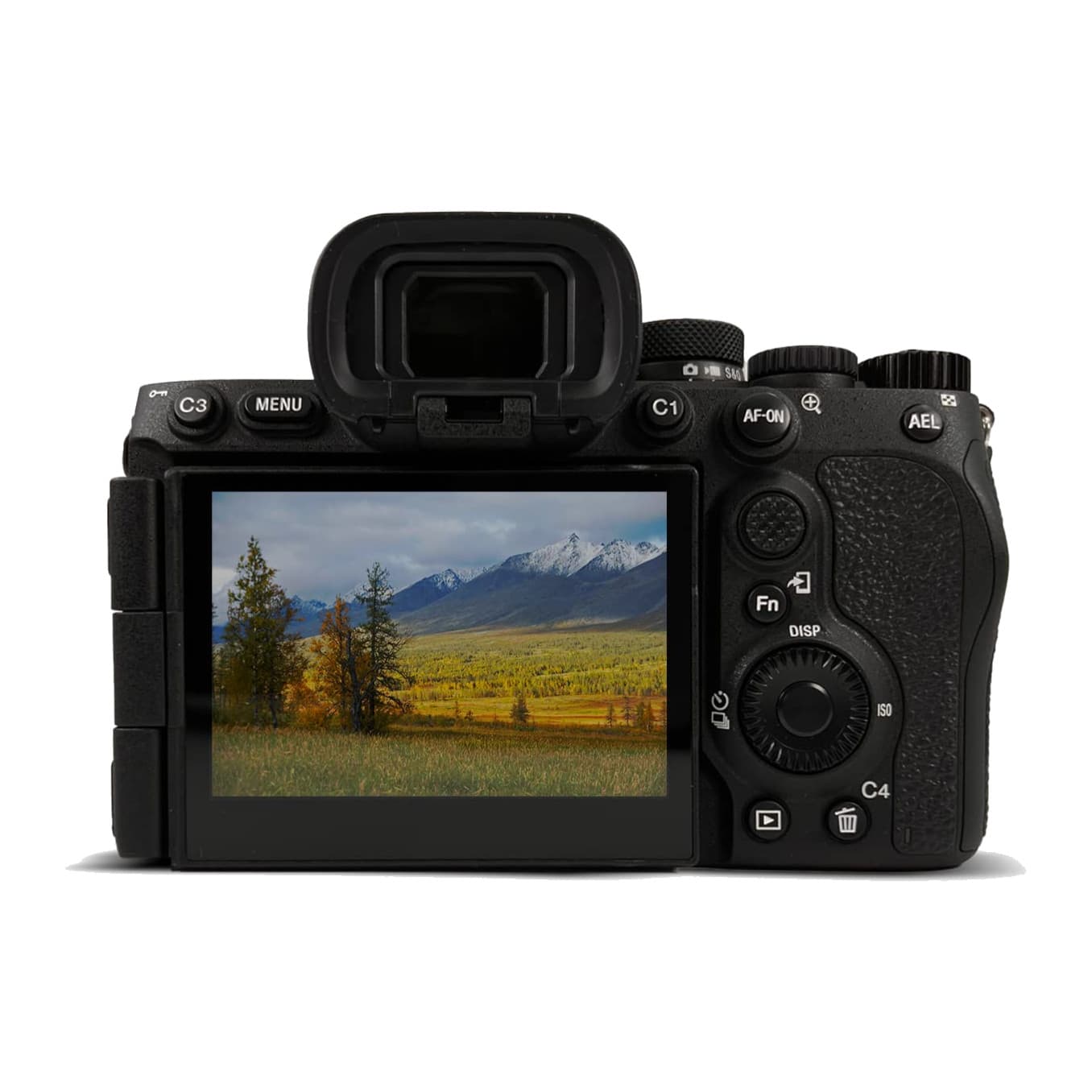 Sony A7R V rear view with LCD screen, viewfinder, AF-ON button, joystick and control wheel