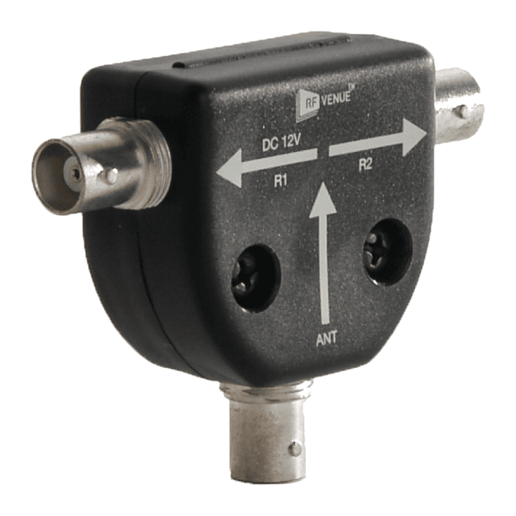 RF Venue 2x1SPLIT side view with ANT input arrow and R1 and R2 outputs, R1 marked DC 12V