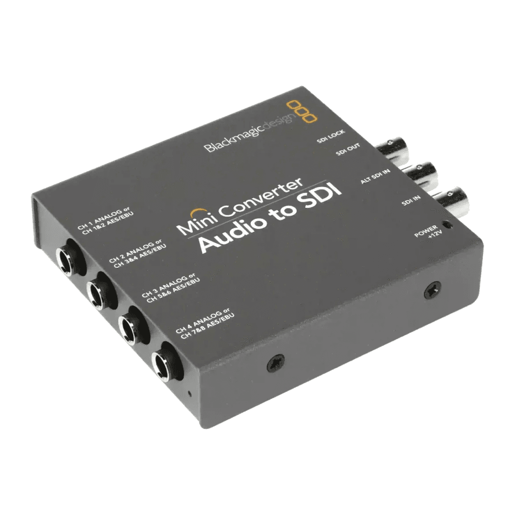 Blackmagic Mini Converter Audio to SDI, angled view of the four audio jacks and SDI connectors