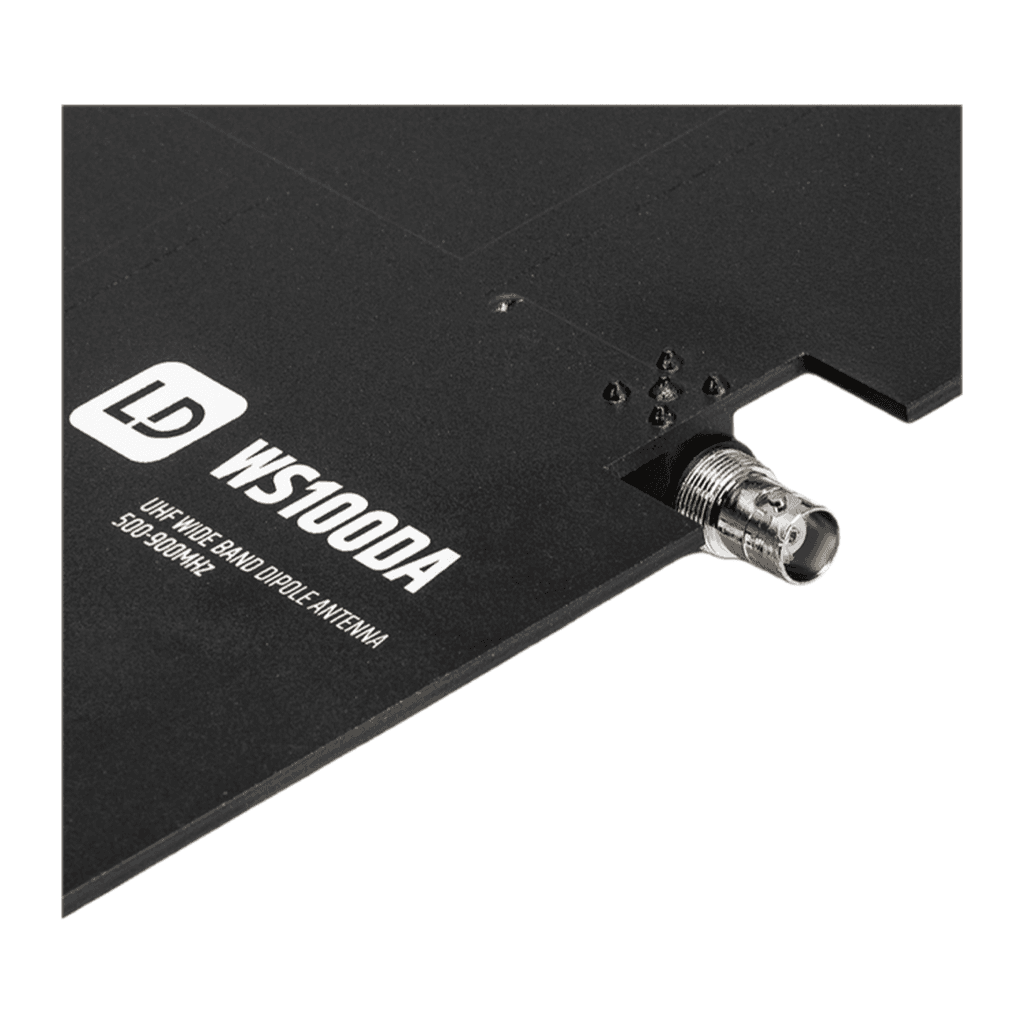 Close-up of the LDWS100DA corner with WS100DA logo, wide-band dipole label and BNC socket