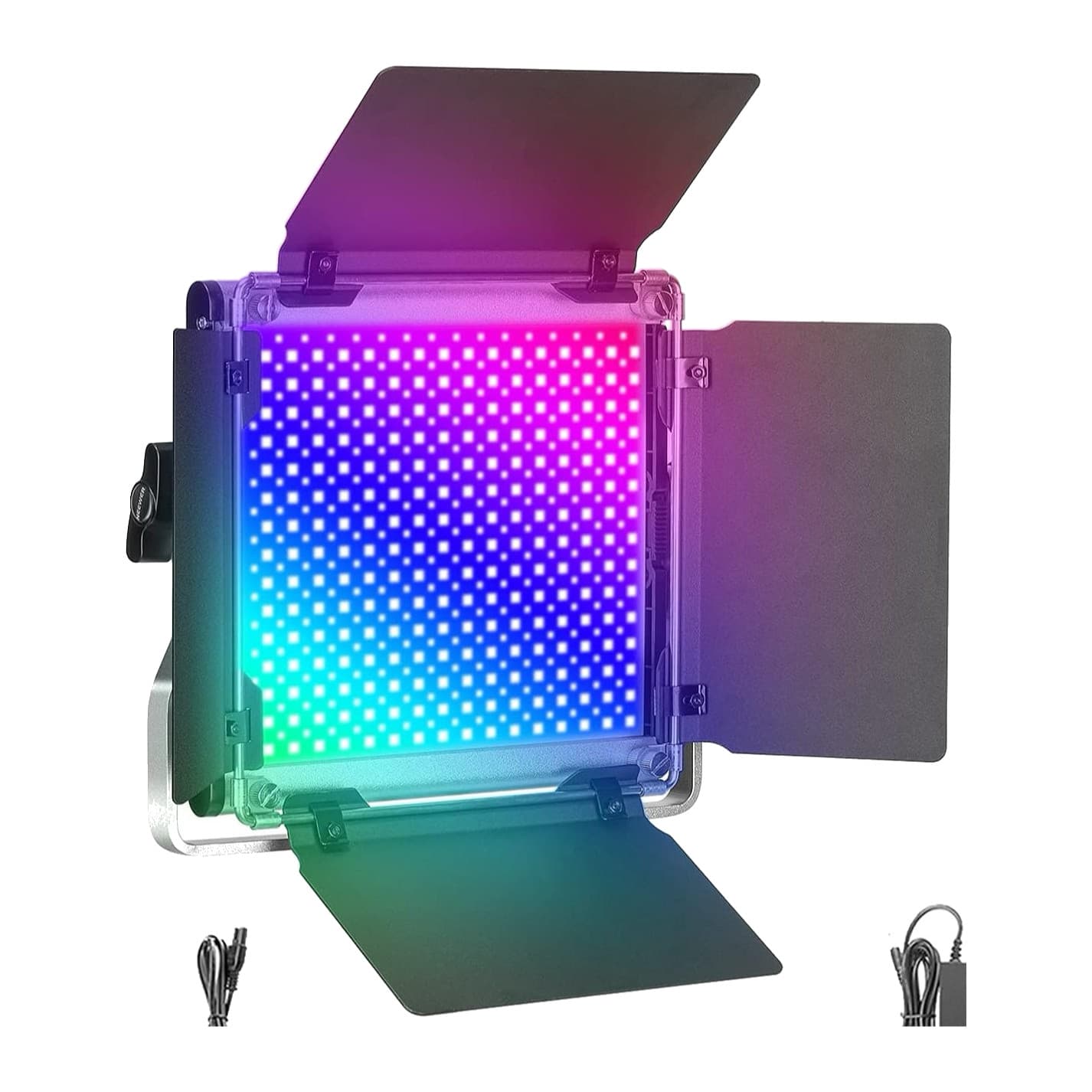 Neewer RGB660 PRO LED panel with four-leaf barn doors open, RGB LEDs lit