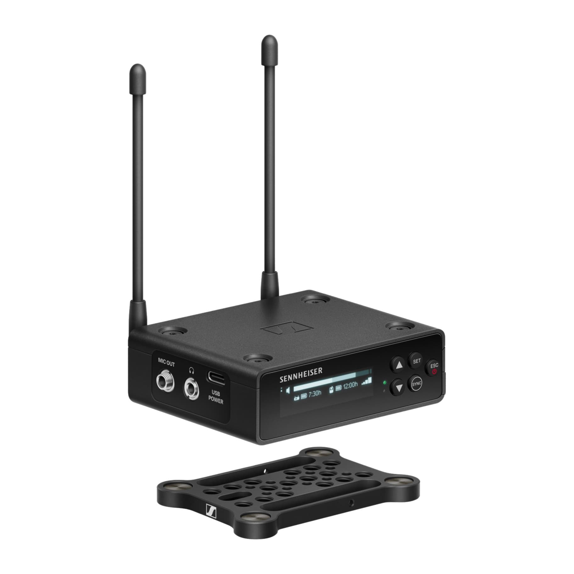 Sennheiser EW-DP EK receiver above its camera mounting plate