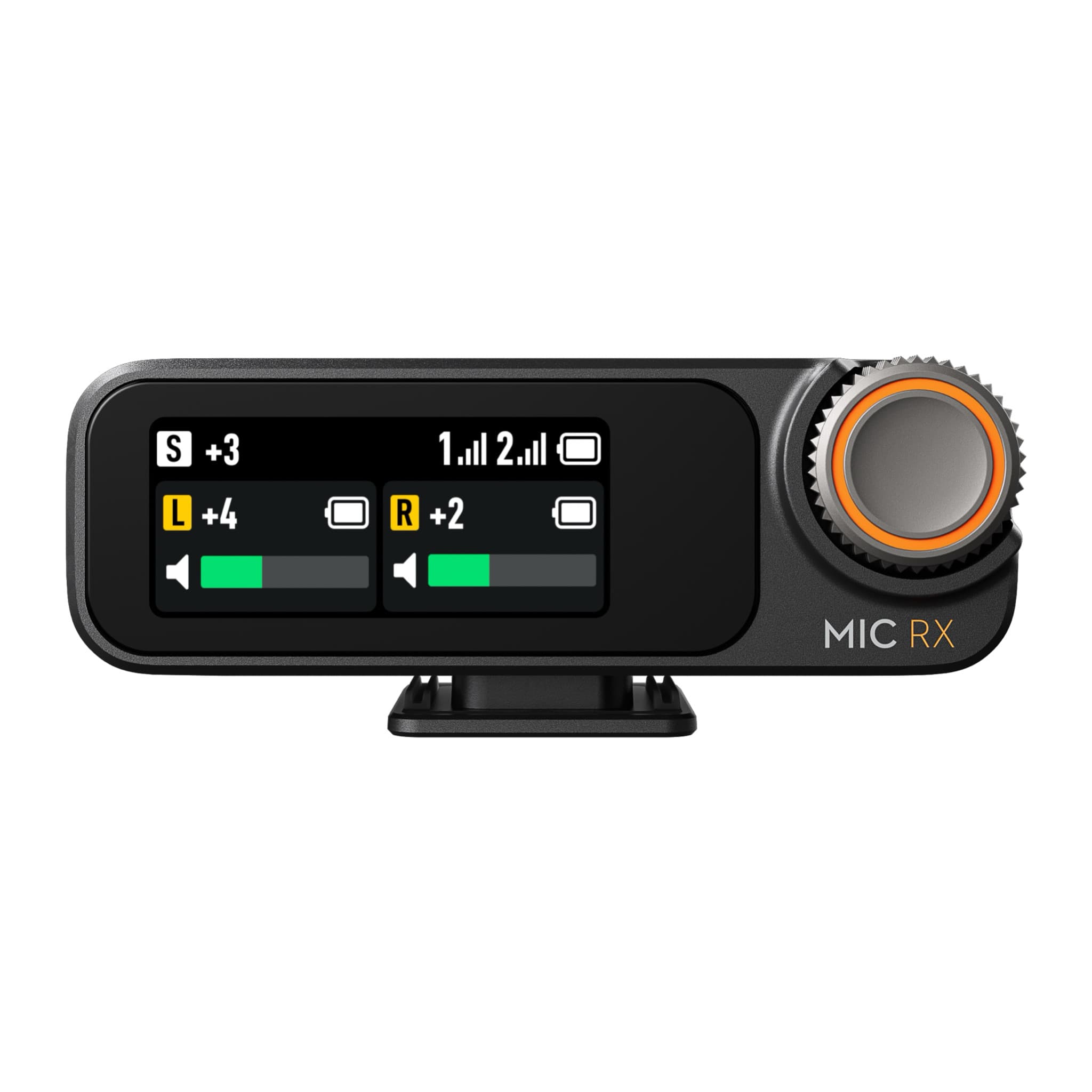 DJI Mic 2 receiver, front view with touchscreen showing both channels and the control dial